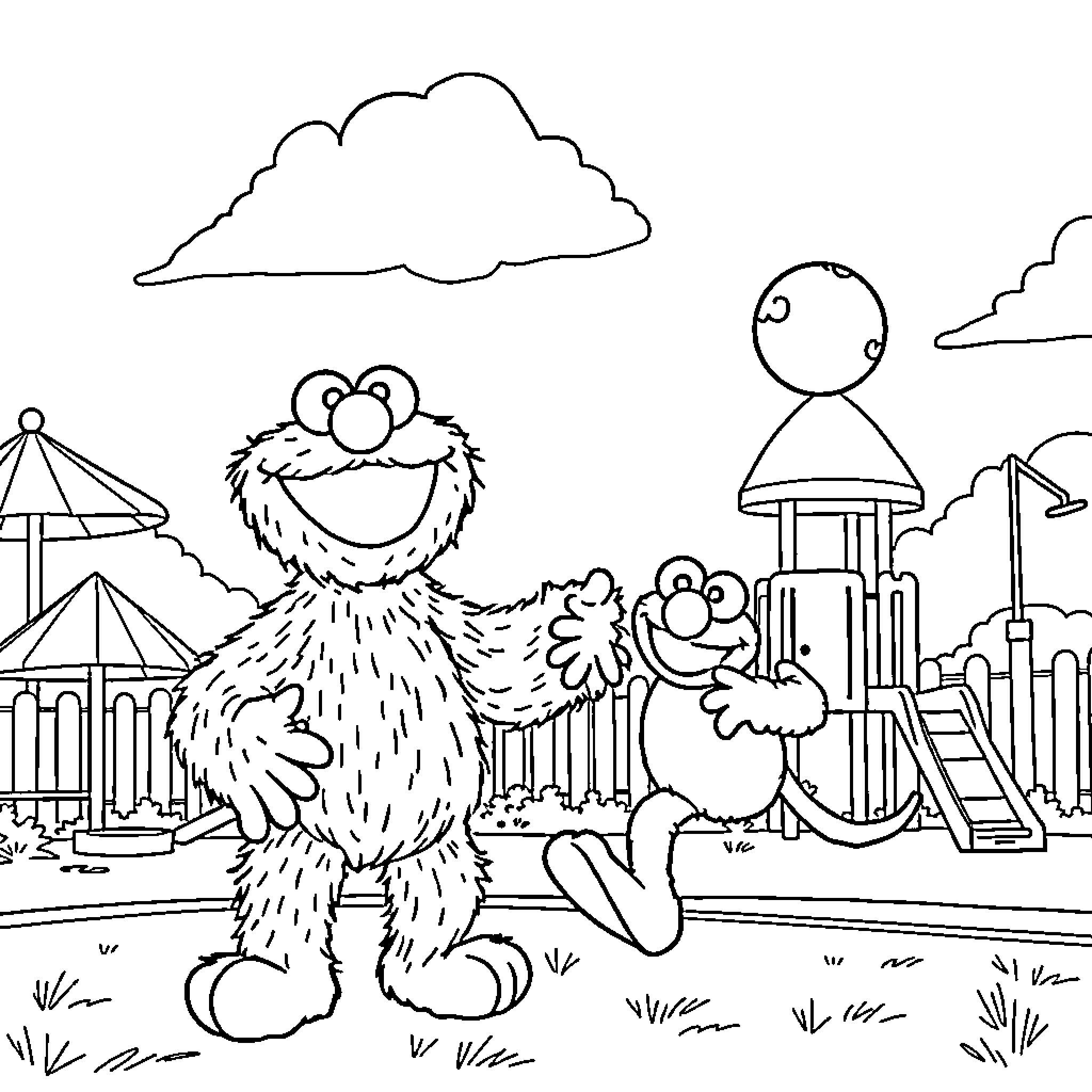 Cookie Monster enjoying a playground with his friends Coloring Page (free black-and-white line drawing printable PDF for all, from beginners to advanced learners, including children, teens, adults, and seniors)
