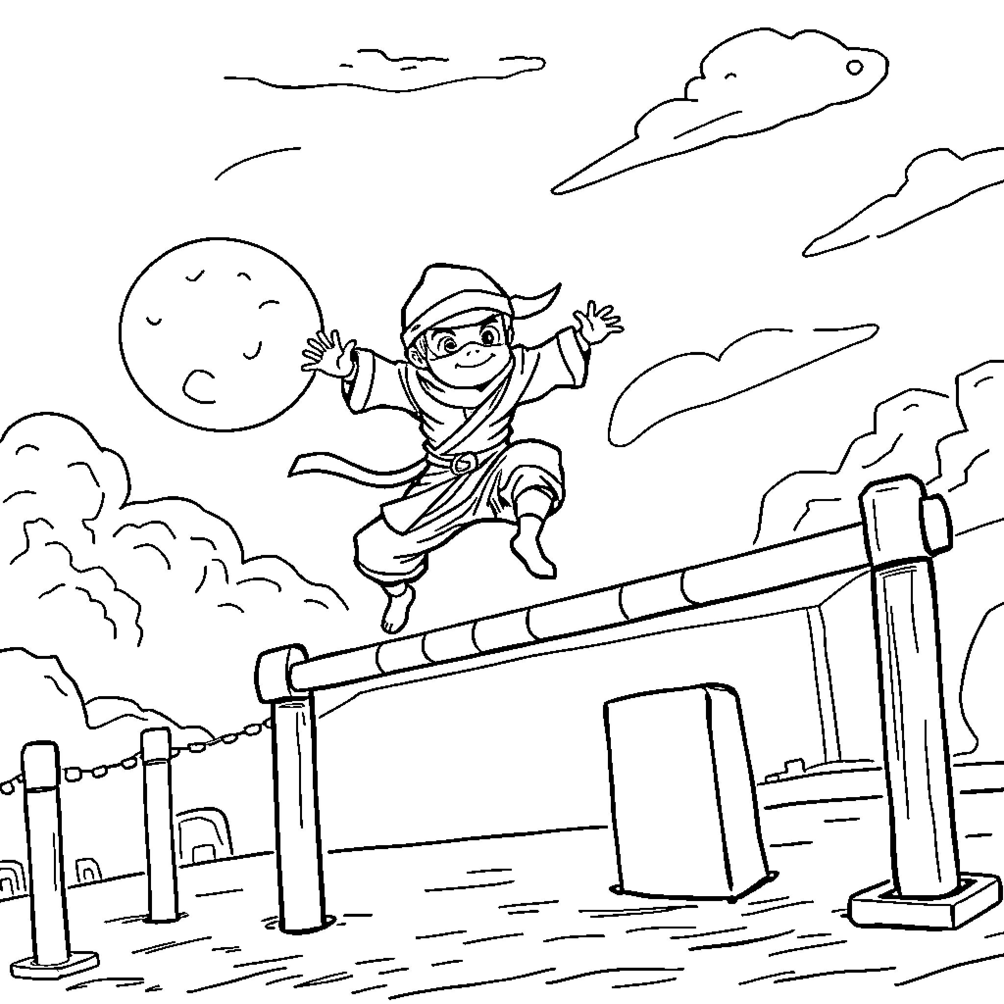 Ninja jumping over obstacle with agility Coloring Page (free black-and-white line drawing printable PDF for all, from beginners to advanced learners, including children, teens, adults, and seniors)