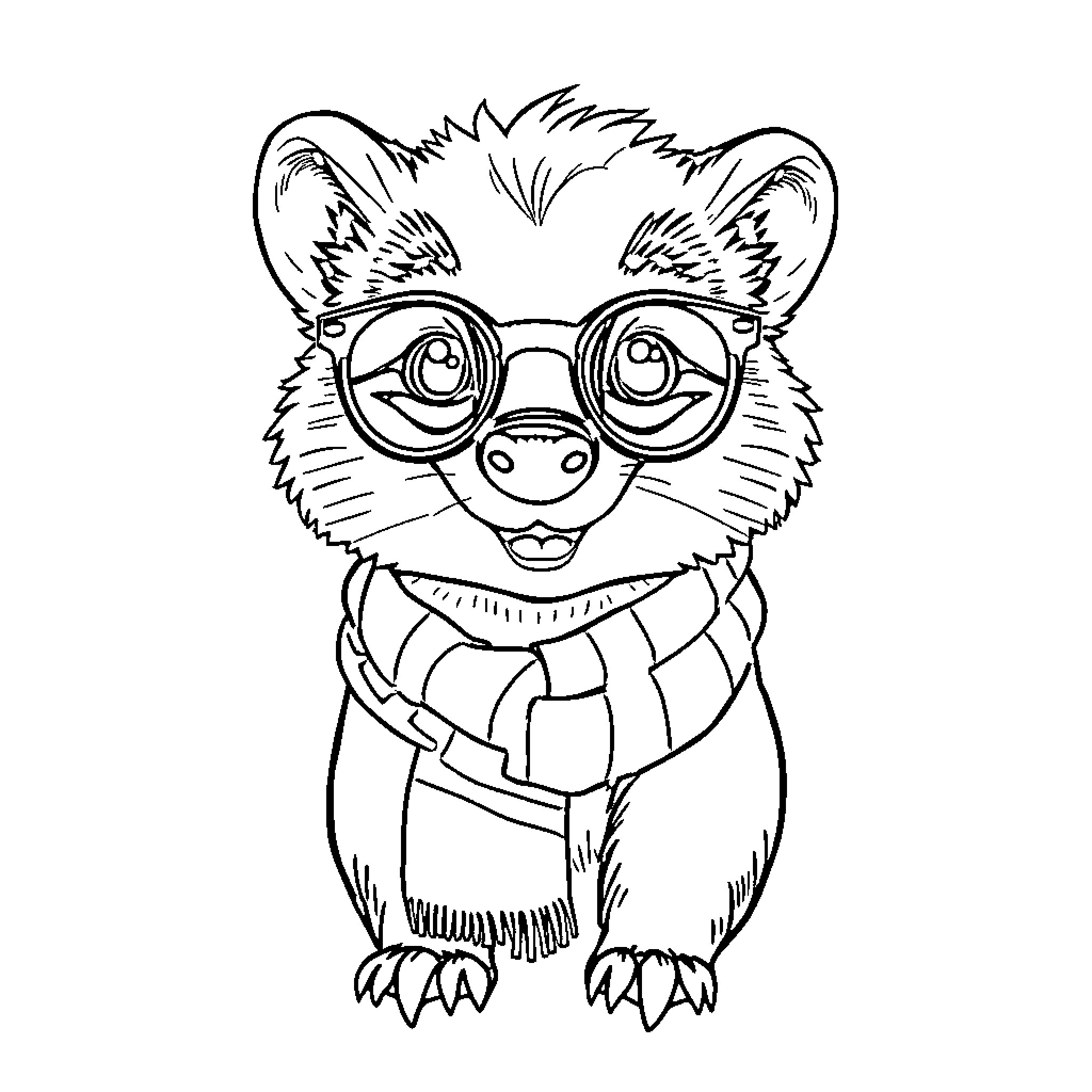 Badger wearing glasses and scarf Coloring Page (free black-and-white line drawing printable PDF for all, from beginners to advanced learners, including children, teens, adults, and seniors)