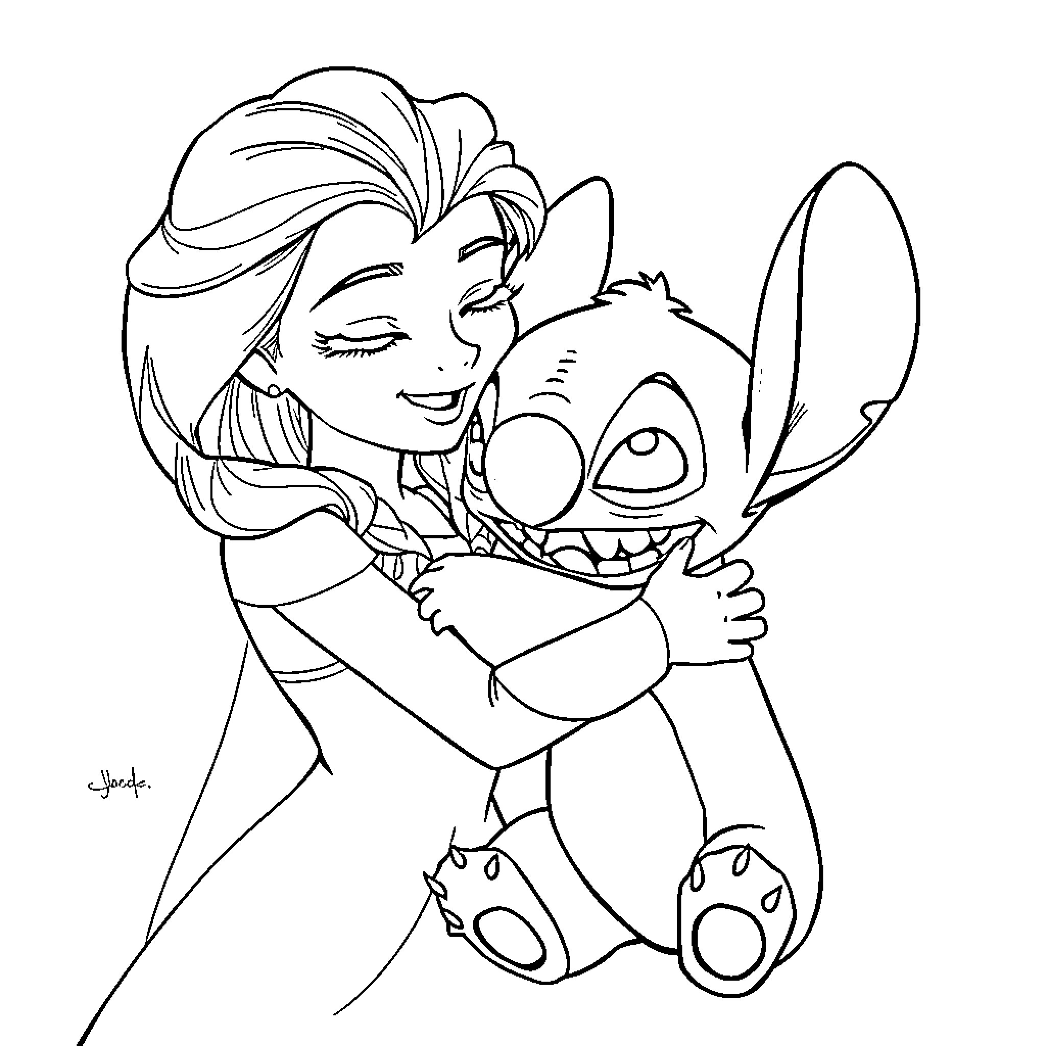 Elsa embracing her lovable companion Coloring Page (free black-and-white line drawing printable PDF for all, from beginners to advanced learners, including children, teens, adults, and seniors)