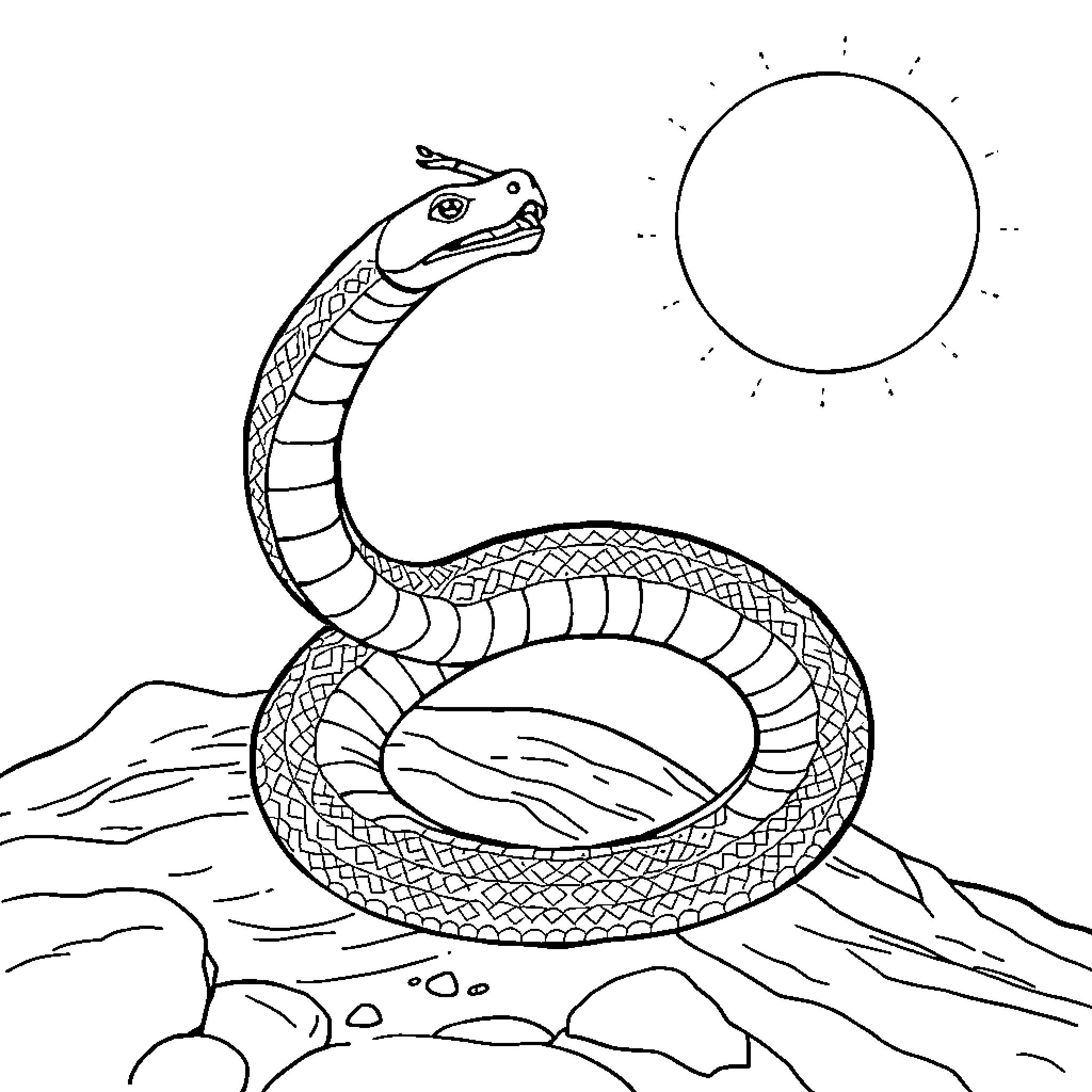 Snake coiled on rocky terrain under the sun Coloring Page (free black-and-white line drawing printable PDF for all, from beginners to advanced learners, including children, teens, adults, and seniors)