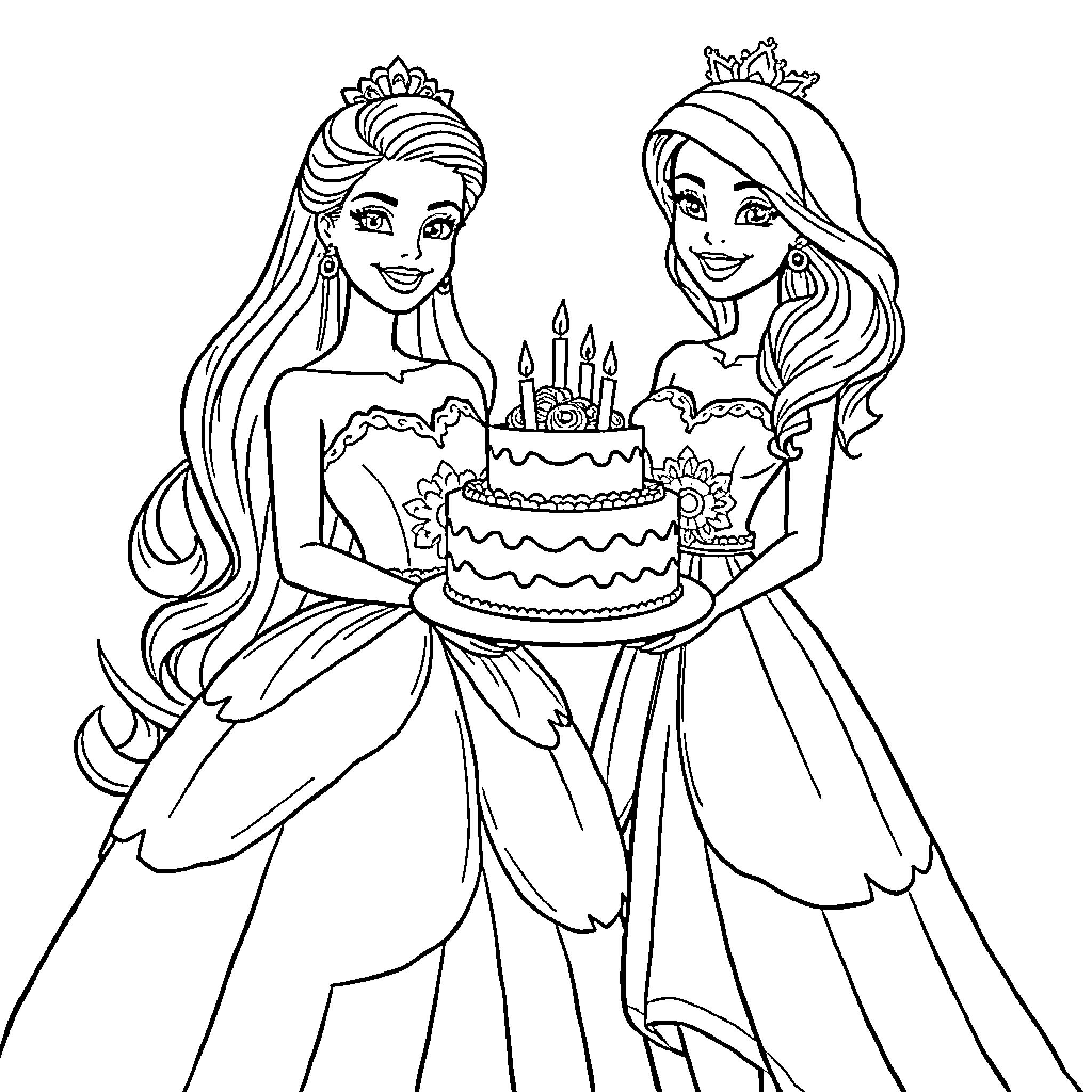 Barbie princesses celebrating with birthday cake Coloring Page (free black-and-white line drawing printable PDF for all, from beginners to advanced learners, including children, teens, adults, and seniors)