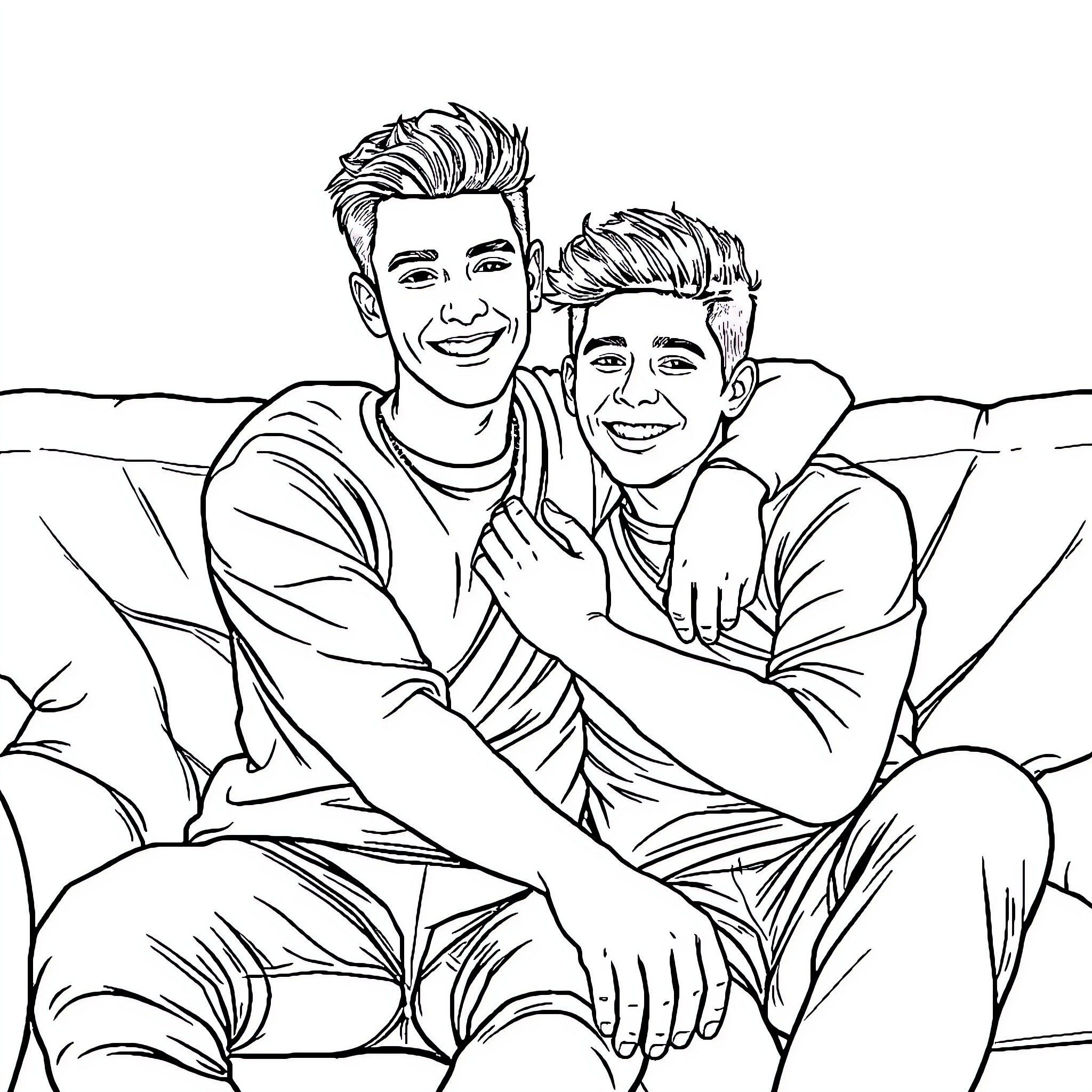 Justin Bieber and friend pose affectionately on beach Coloring Page (free black-and-white line drawing printable PDF for all, from beginners to advanced learners, including children, teens, adults, and seniors)