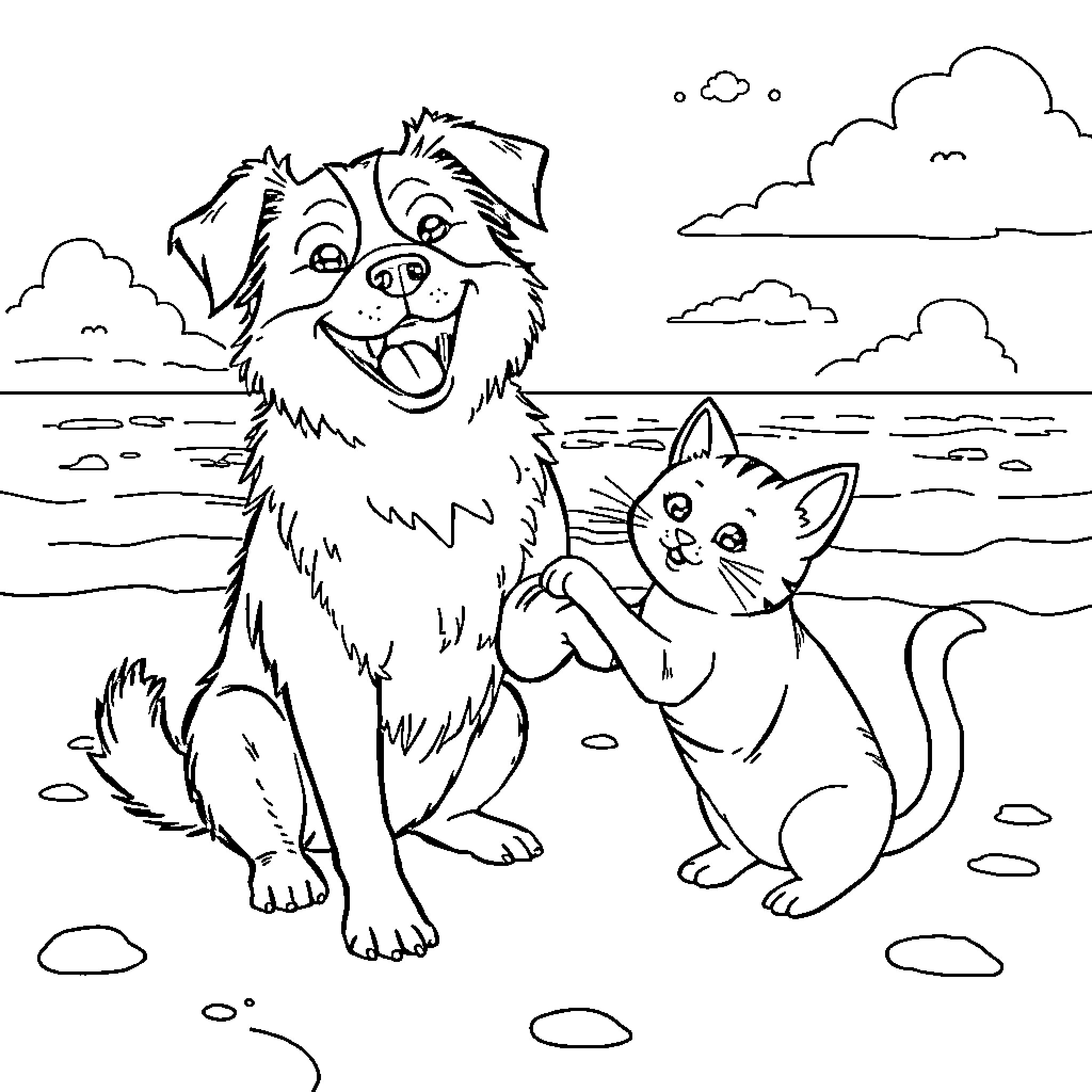 Dog and Cat Enjoying the Beach Coloring Page (free black-and-white line drawing printable PDF for all, from beginners to advanced learners, including children, teens, adults, and seniors)