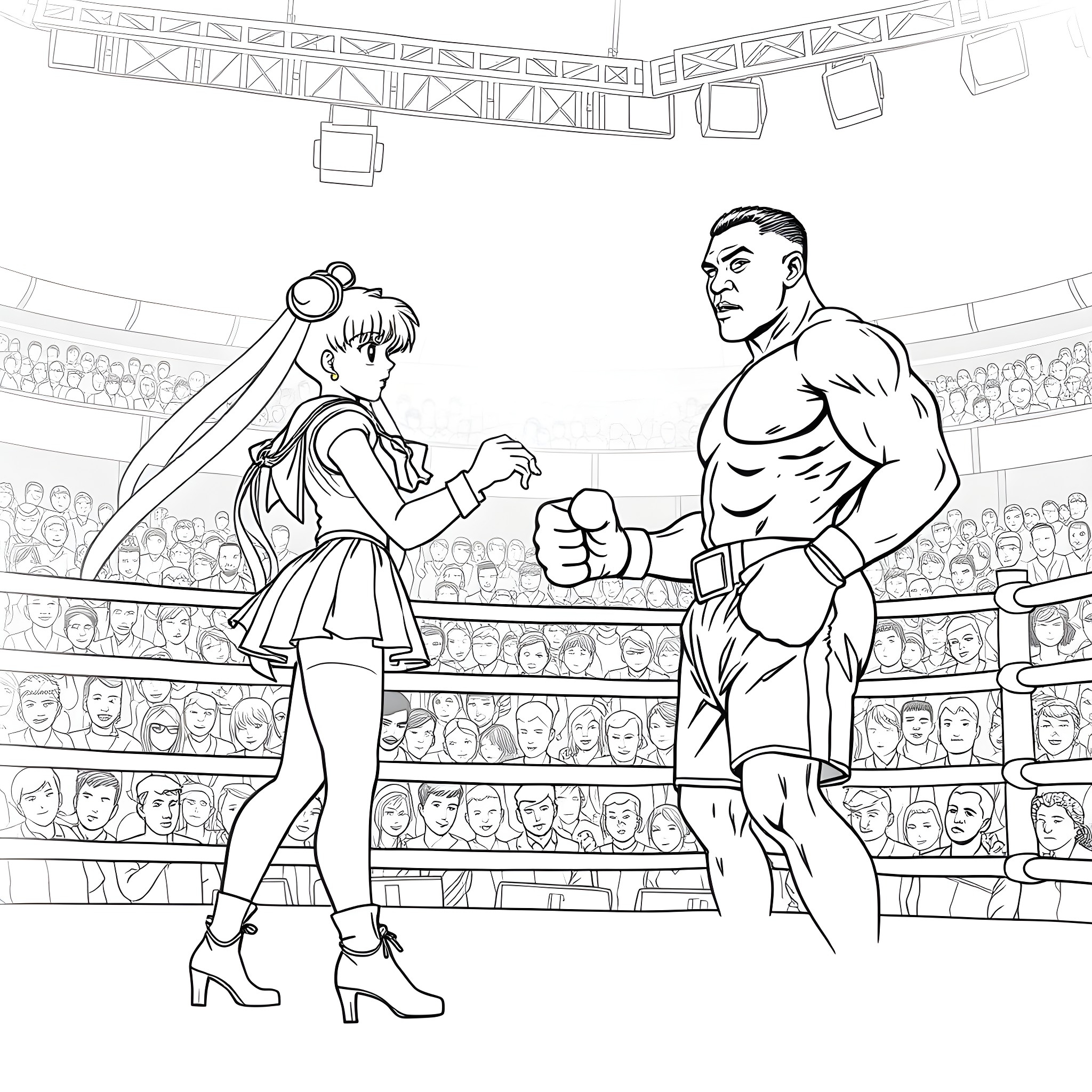 Sailor Moon in a Martial Arts Showdown Coloring Page (free black-and-white line drawing printable PDF for all, from beginners to advanced learners, including children, teens, adults, and seniors)