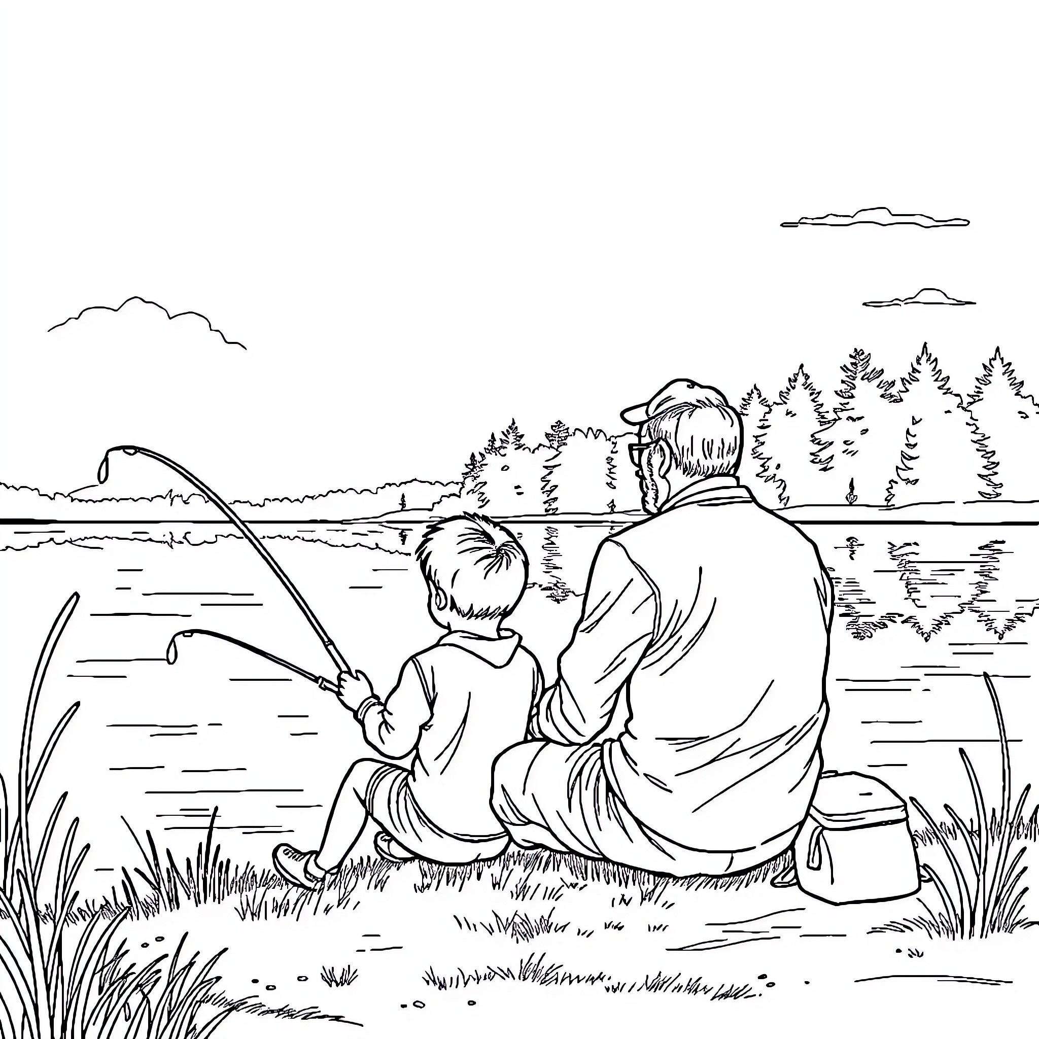 Fishing with a child in the peaceful countryside Coloring Page (free black-and-white line drawing printable PDF for all, from beginners to advanced learners, including children, teens, adults, and seniors)