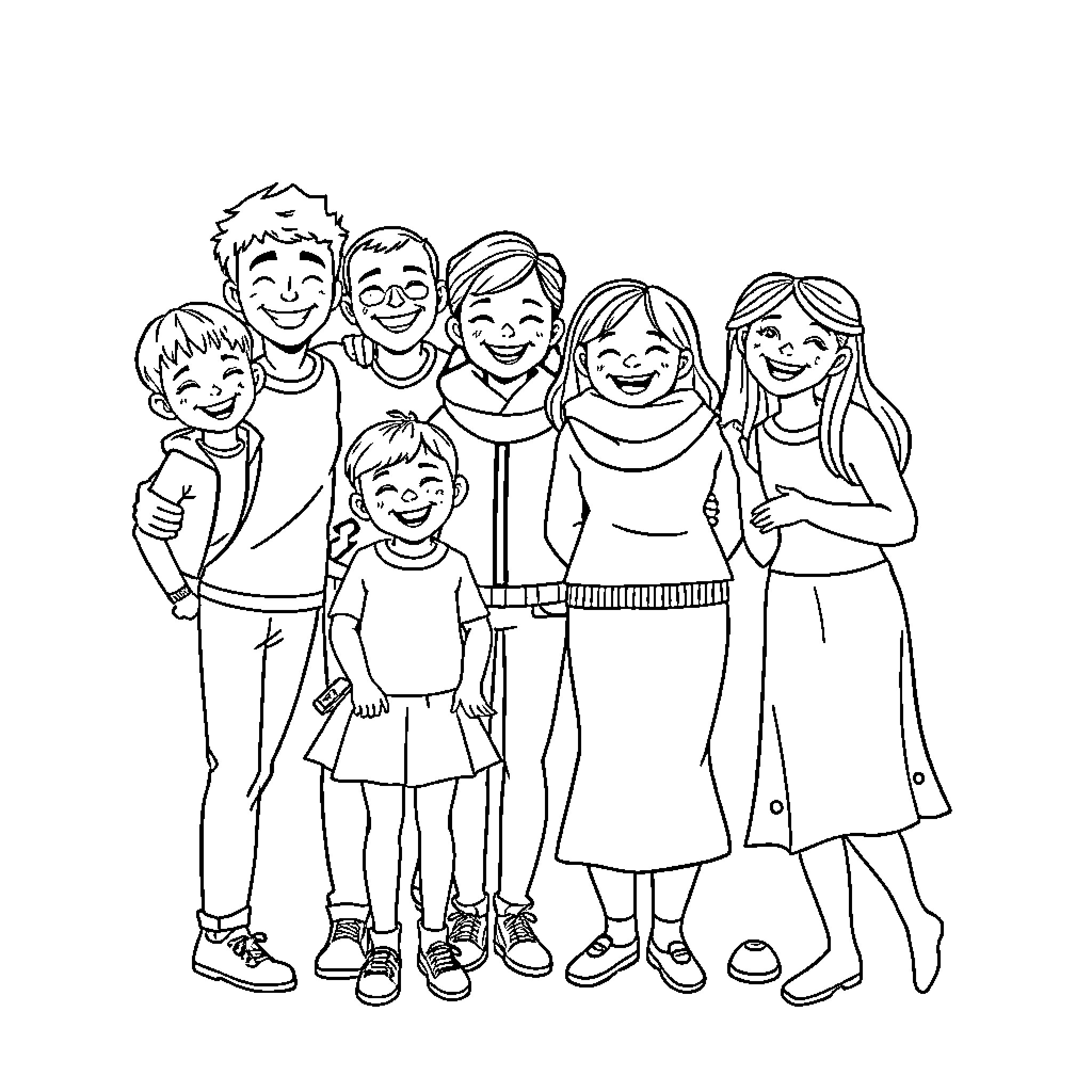 Family Gathered Together in Warm Embrace Coloring Page (free black-and-white line drawing printable PDF for all, from beginners to advanced learners, including children, teens, adults, and seniors)