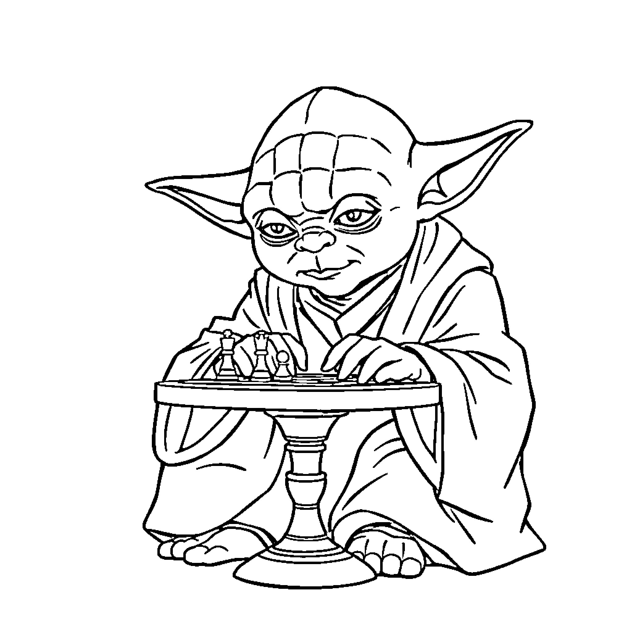 Yoda playing chess intently Coloring Page (free black-and-white line drawing printable PDF for all, from beginners to advanced learners, including children, teens, adults, and seniors)