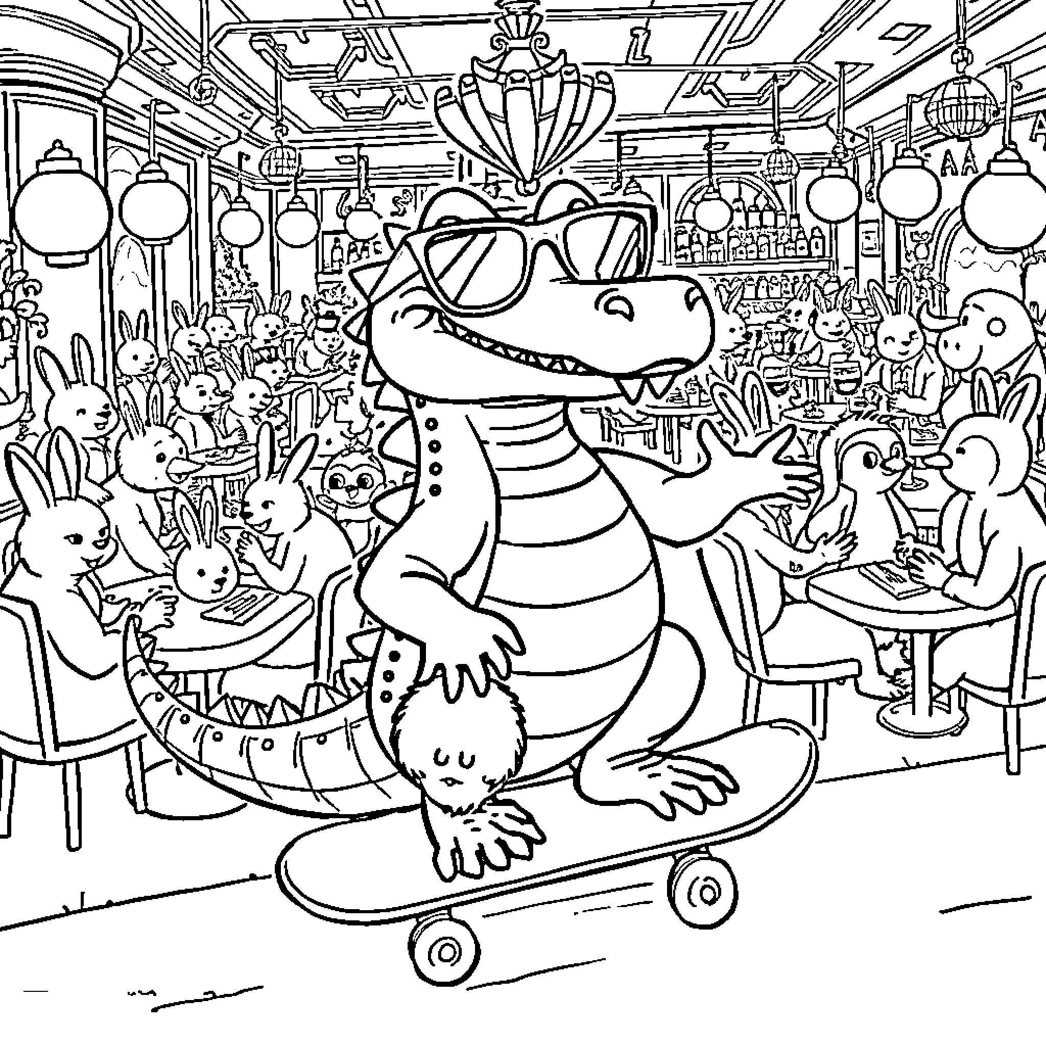 Crocodile enjoying a lively carnival scene Coloring Page (free black-and-white line drawing printable PDF for all, from beginners to advanced learners, including children, teens, adults, and seniors)
