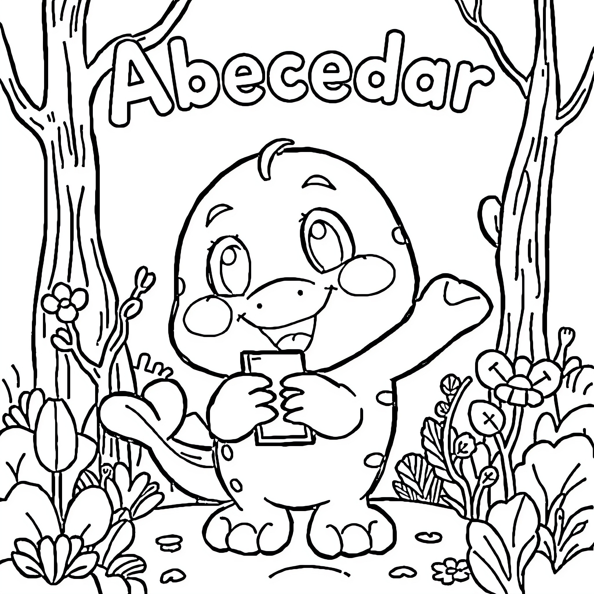 Abecedar - Cute animal in a floral scene Coloring Page (free black-and-white line drawing printable PDF for all, from beginners to advanced learners, including children, teens, adults, and seniors)