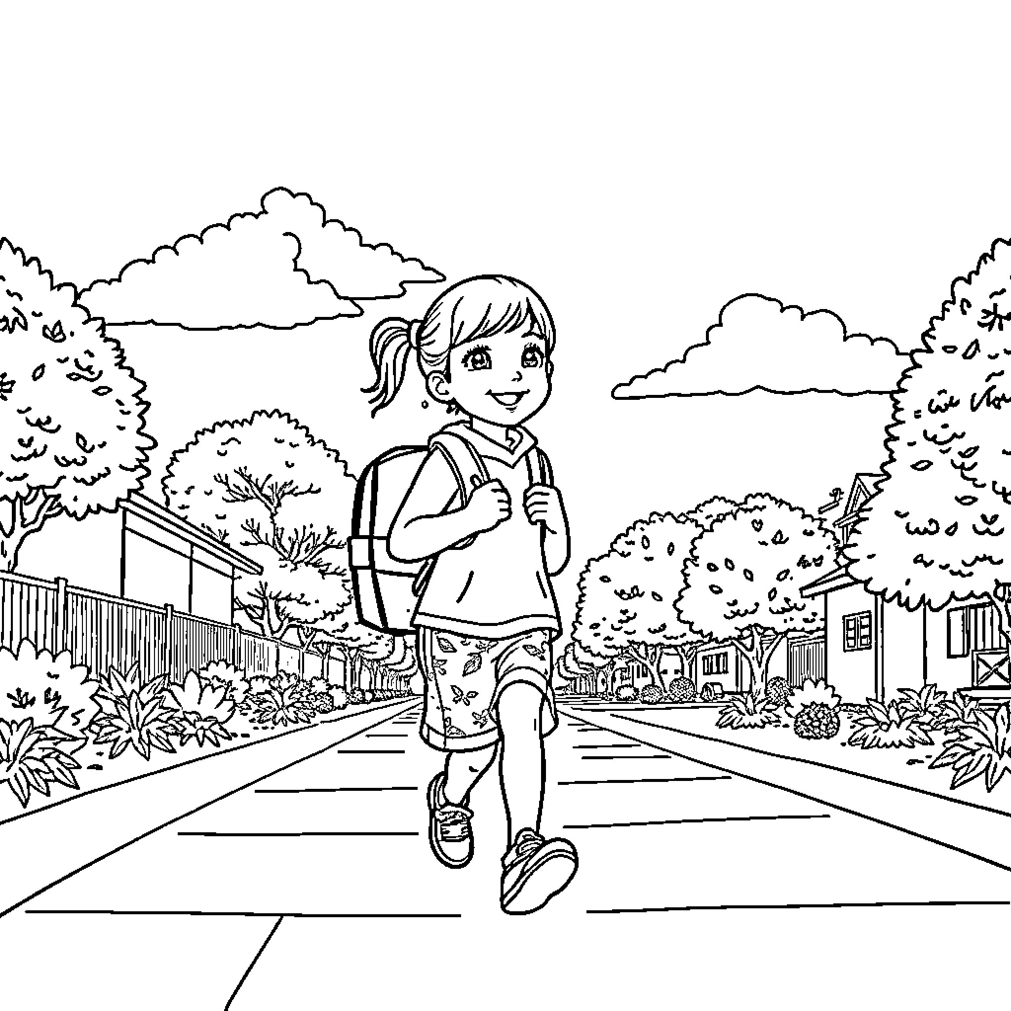 Nina exploring the neighborhood Coloring Page (free black-and-white line drawing printable PDF for all, from beginners to advanced learners, including children, teens, adults, and seniors)