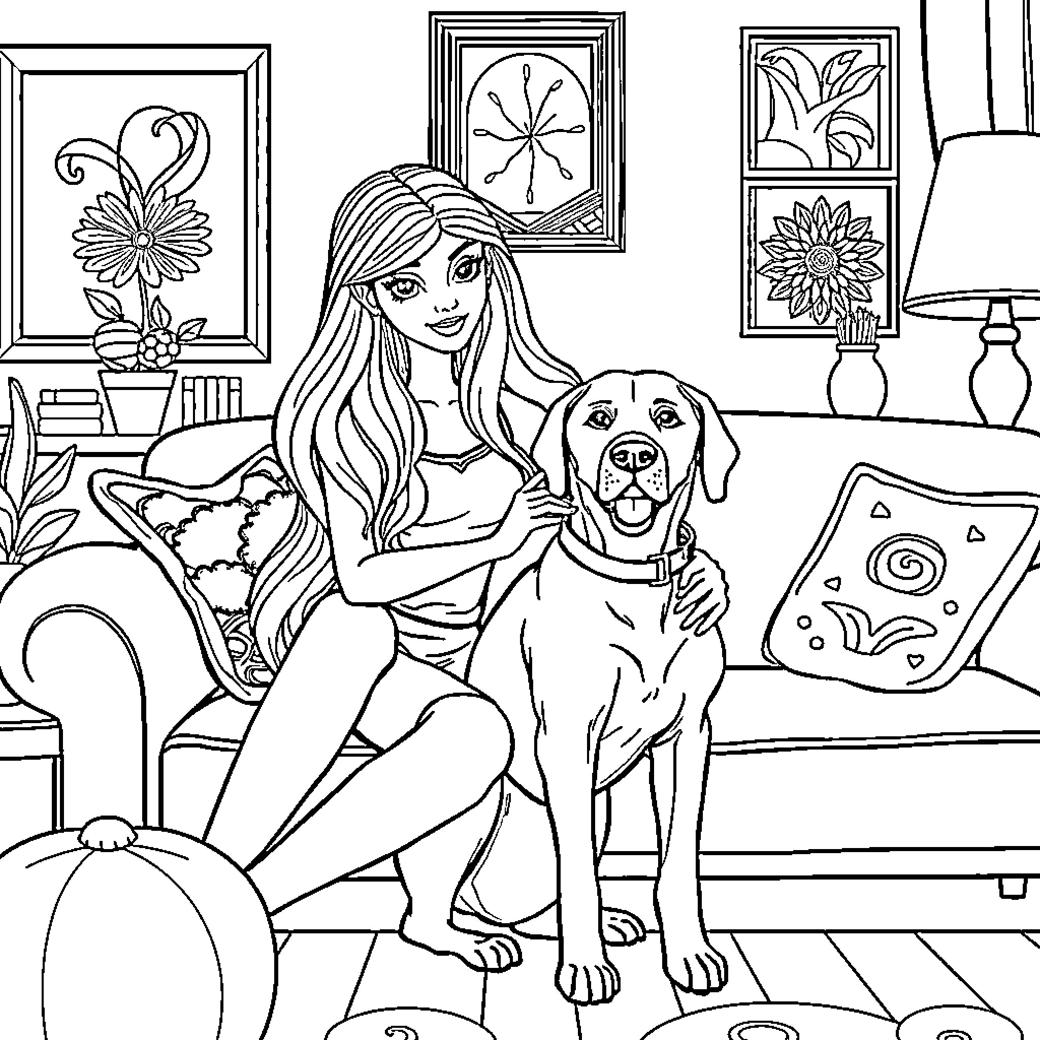 Barbie spending quality time with her loyal pet dog Coloring Page (free black-and-white line drawing printable PDF for all, from beginners to advanced learners, including children, teens, adults, and seniors)