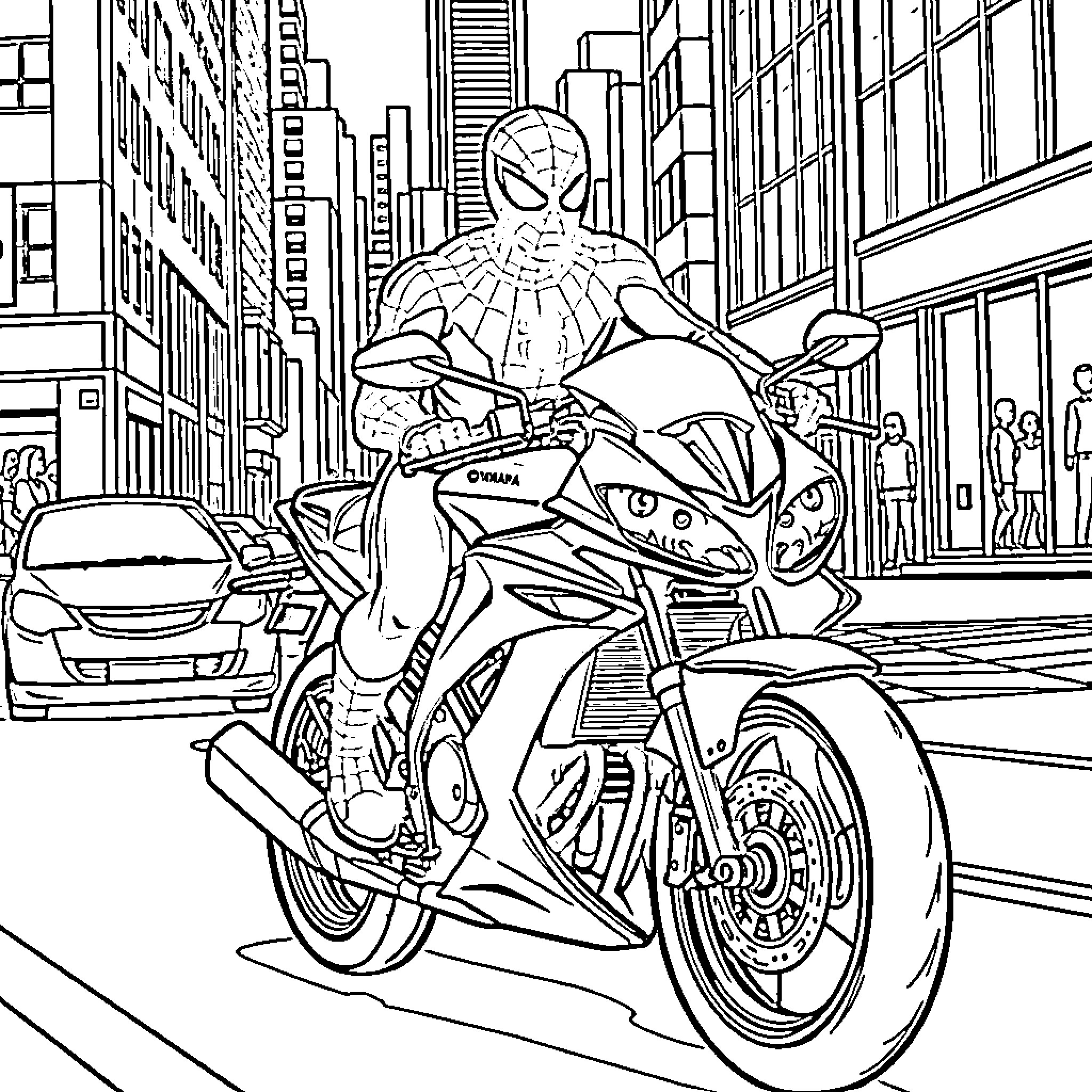 Spiderman riding a motorcycle in the city Coloring Page (free black-and-white line drawing printable PDF for all, from beginners to advanced learners, including children, teens, adults, and seniors)
