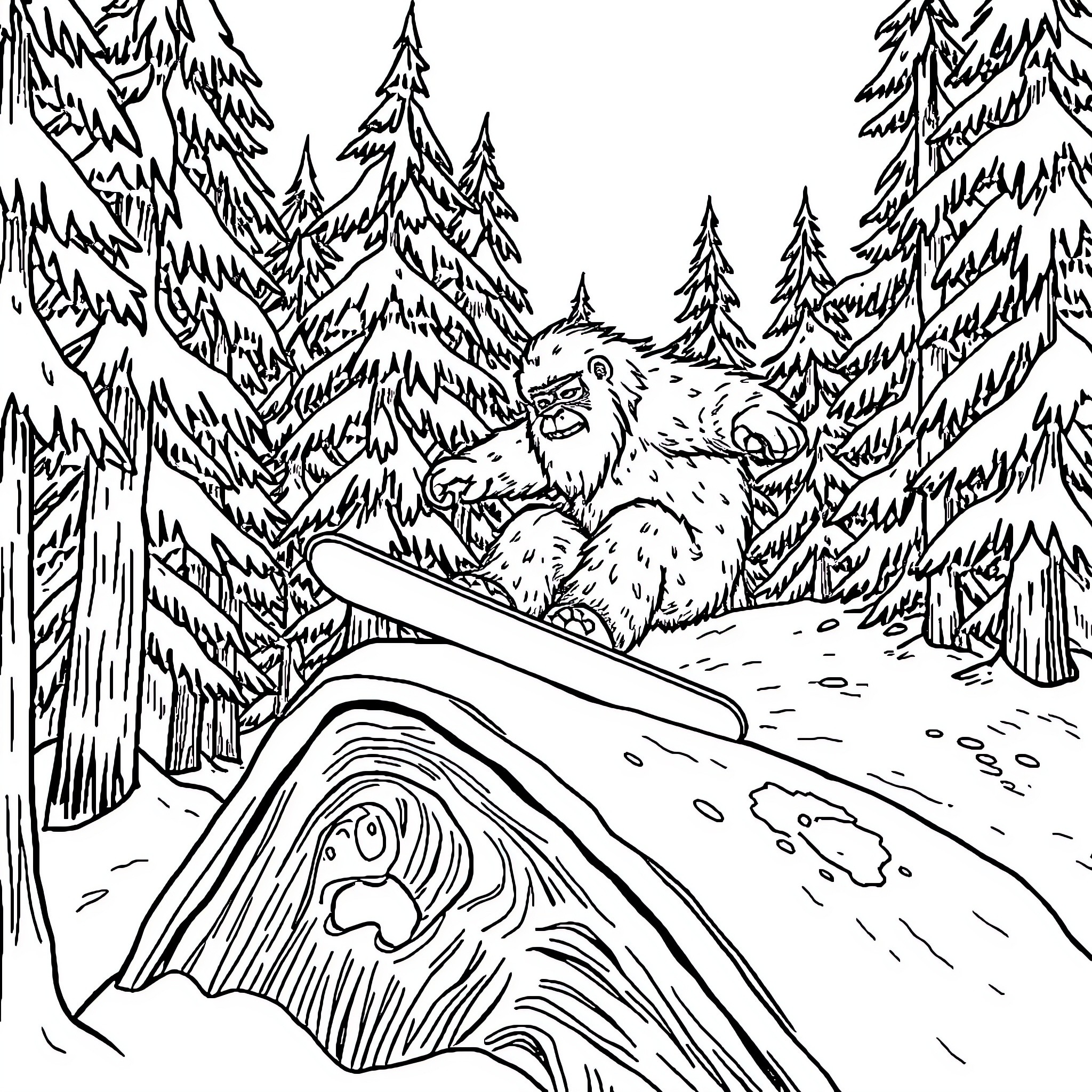 Yeti sledding down a snowy mountain Coloring Page (free black-and-white line drawing printable PDF for all, from beginners to advanced learners, including children, teens, adults, and seniors)