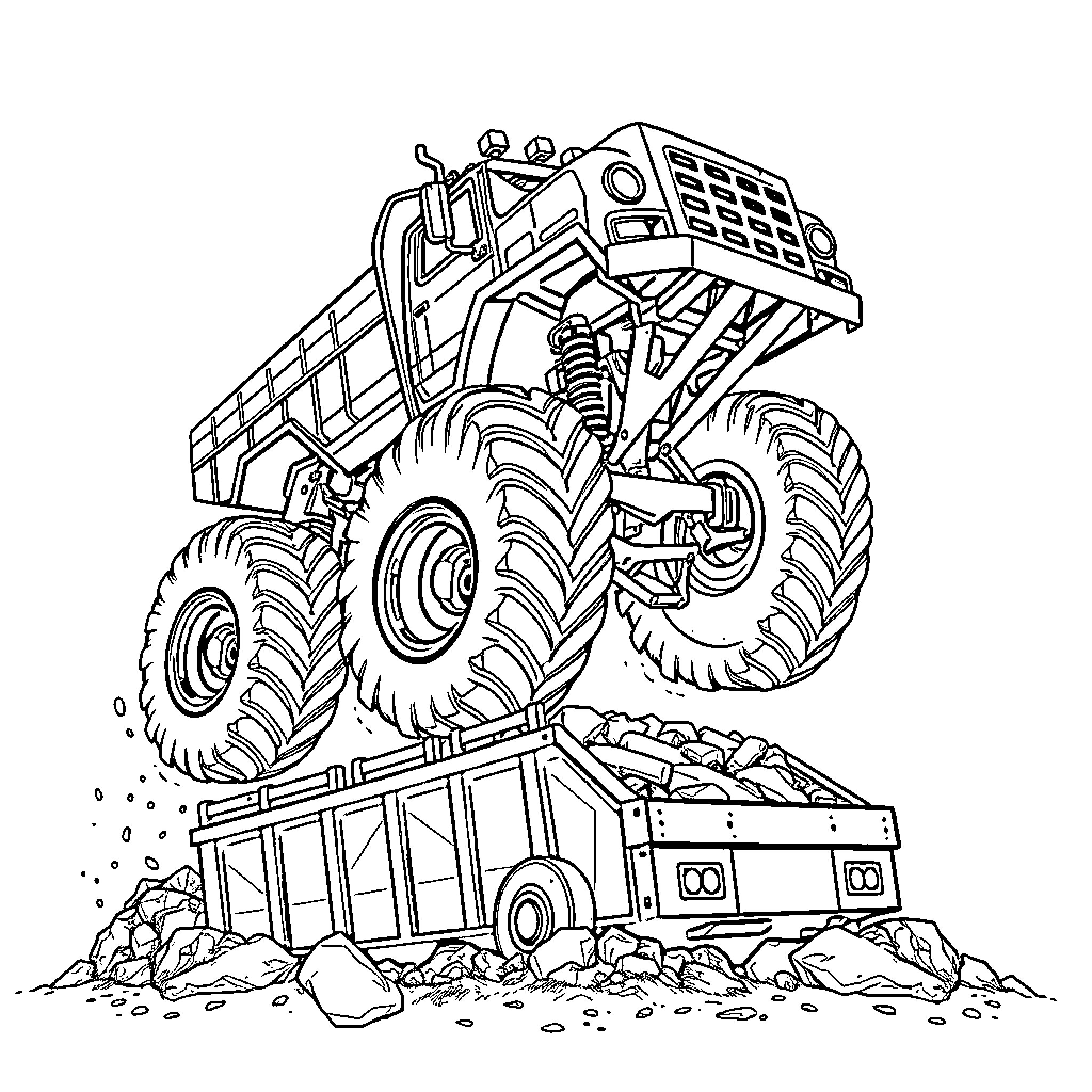 Camioneta Monstruo crushes small vehicles with ease Coloring Page (free black-and-white line drawing printable PDF for all, from beginners to advanced learners, including children, teens, adults, and seniors)