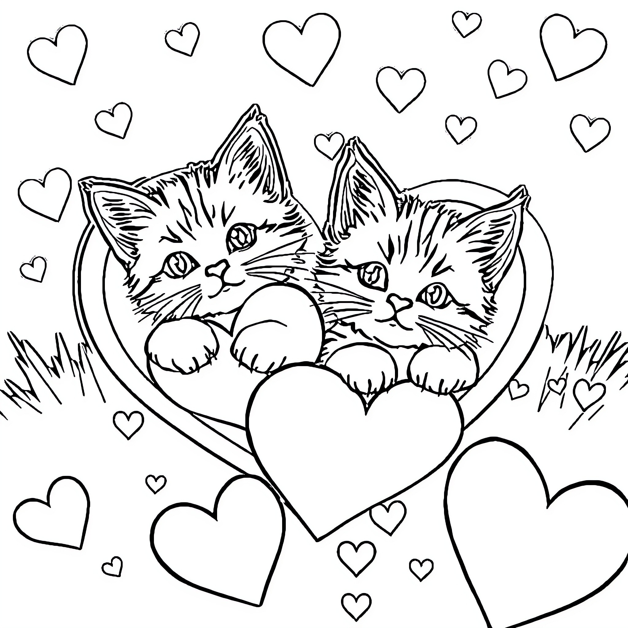 Kitty kittens in a heart frame surrounded by hearts Coloring Page (free black-and-white line drawing printable PDF for all, from beginners to advanced learners, including children, teens, adults, and seniors)
