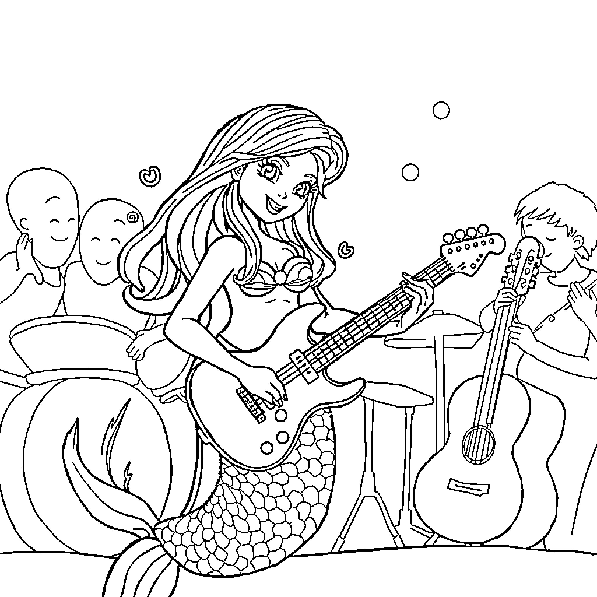 Mermaid playing music with band members Coloring Page (free black-and-white line drawing printable PDF for all, from beginners to advanced learners, including children, teens, adults, and seniors)