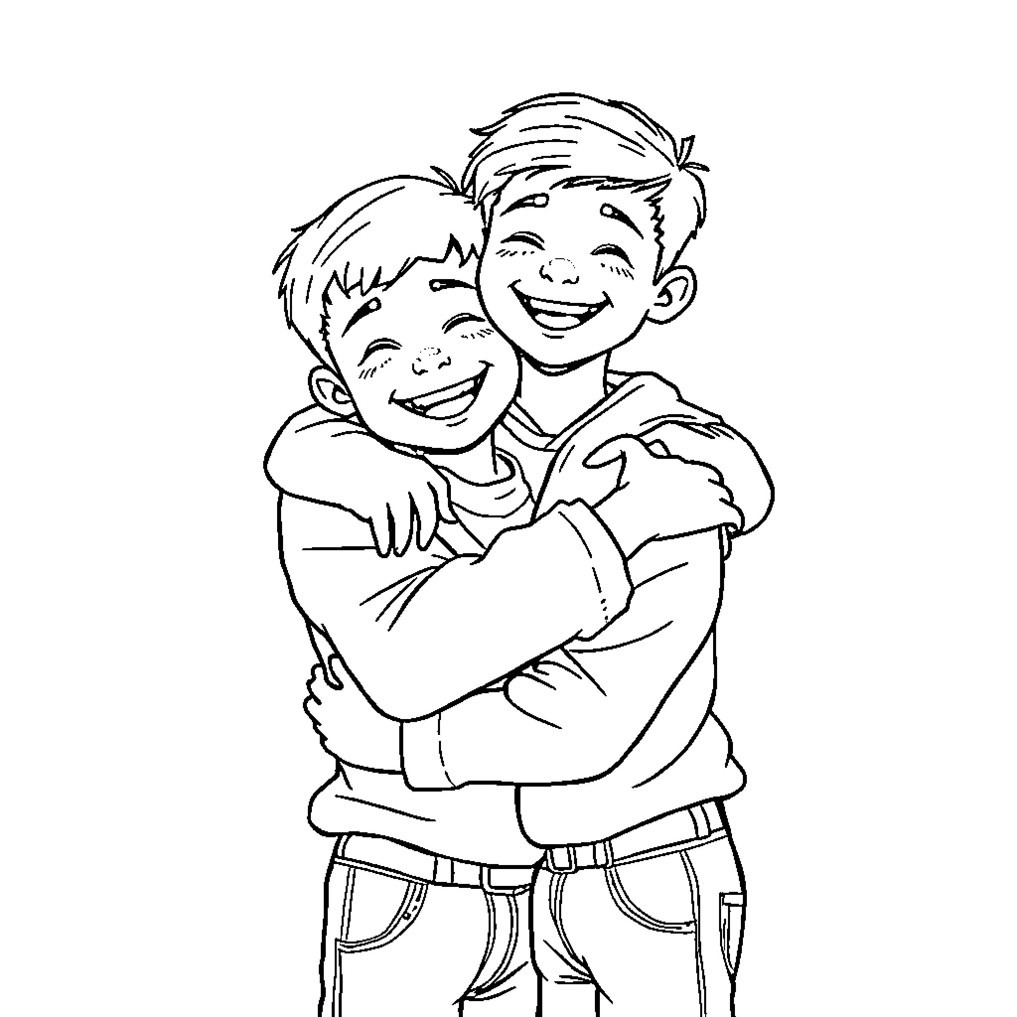 Brother's Joyful Embrace Coloring Page (free black-and-white line drawing printable PDF for all, from beginners to advanced learners, including children, teens, adults, and seniors)
