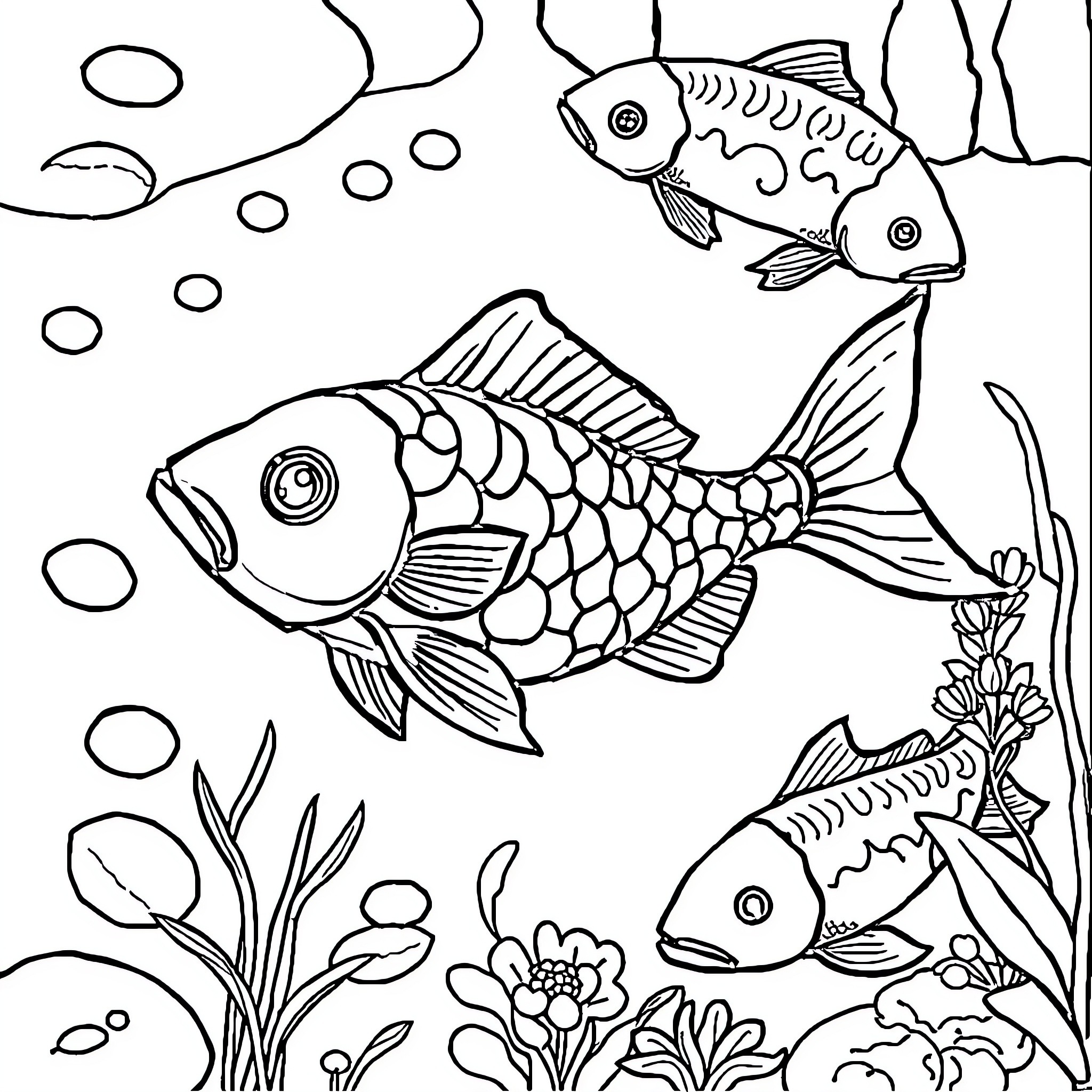 Fish swimming peacefully in underwater scene Coloring Page (free black-and-white line drawing printable PDF for all, from beginners to advanced learners, including children, teens, adults, and seniors)