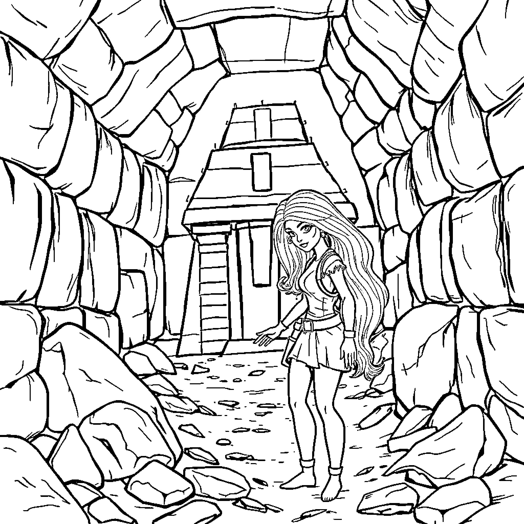 Barbie exploring the mysterious cave Coloring Page (free black-and-white line drawing printable PDF for all, from beginners to advanced learners, including children, teens, adults, and seniors)