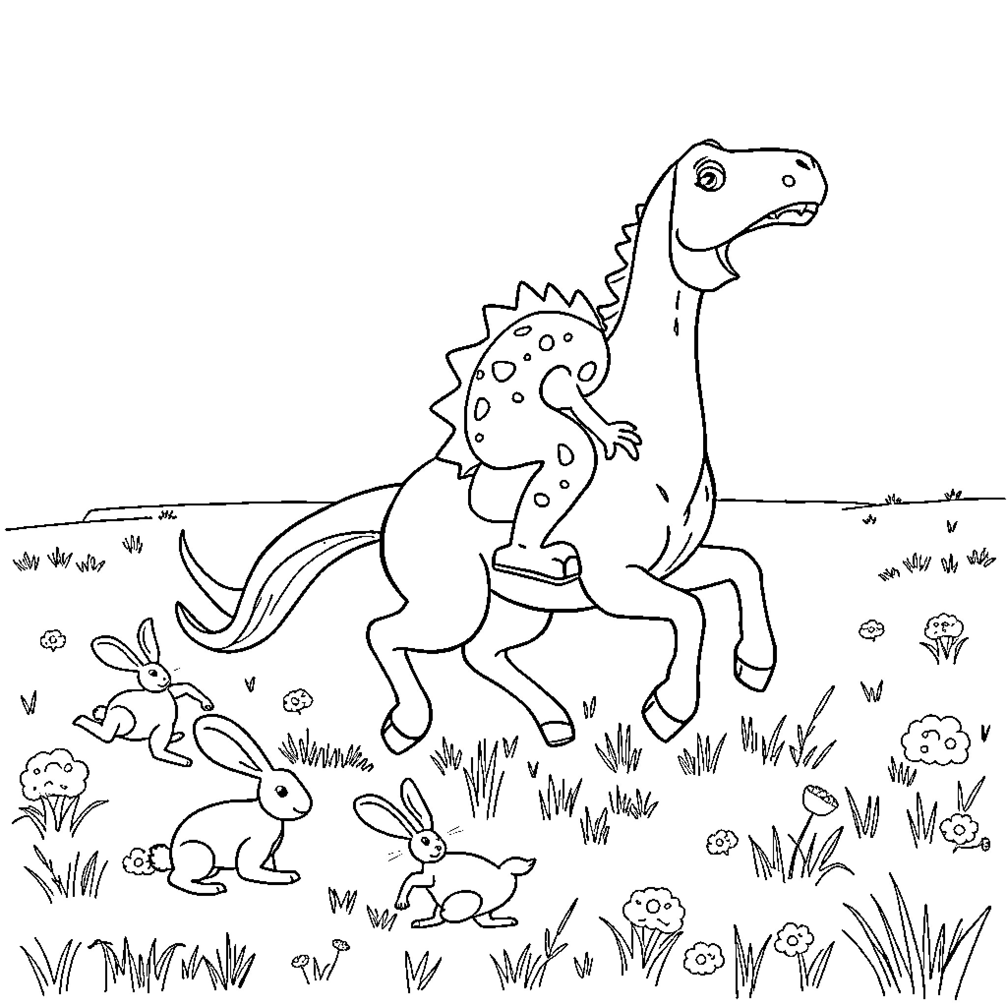 Dinosaur playing with rabbits in a field Coloring Page (free black-and-white line drawing printable PDF for all, from beginners to advanced learners, including children, teens, adults, and seniors)