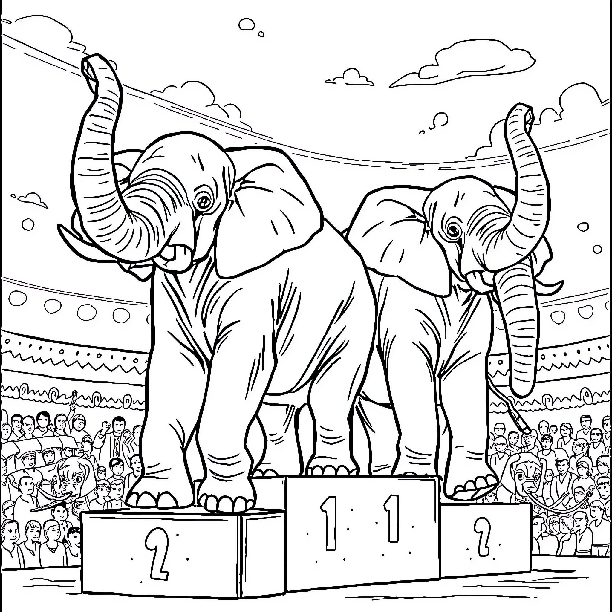 Elephant performers in a circus arena Coloring Page (free black-and-white line drawing printable PDF for all, from beginners to advanced learners, including children, teens, adults, and seniors)