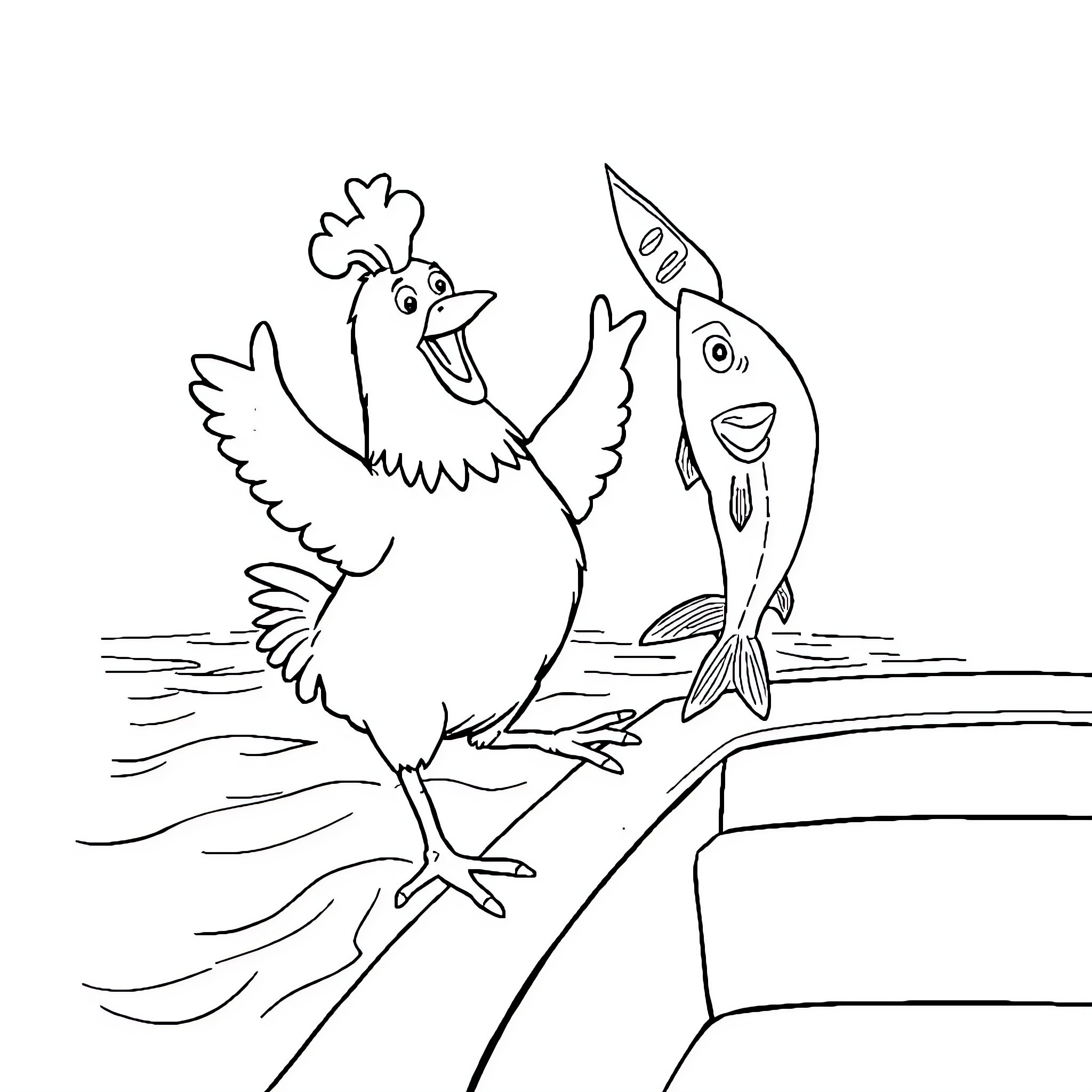 Chicken and Fish Interacting Playfully Coloring Page (free black-and-white line drawing printable PDF for all, from beginners to advanced learners, including children, teens, adults, and seniors)