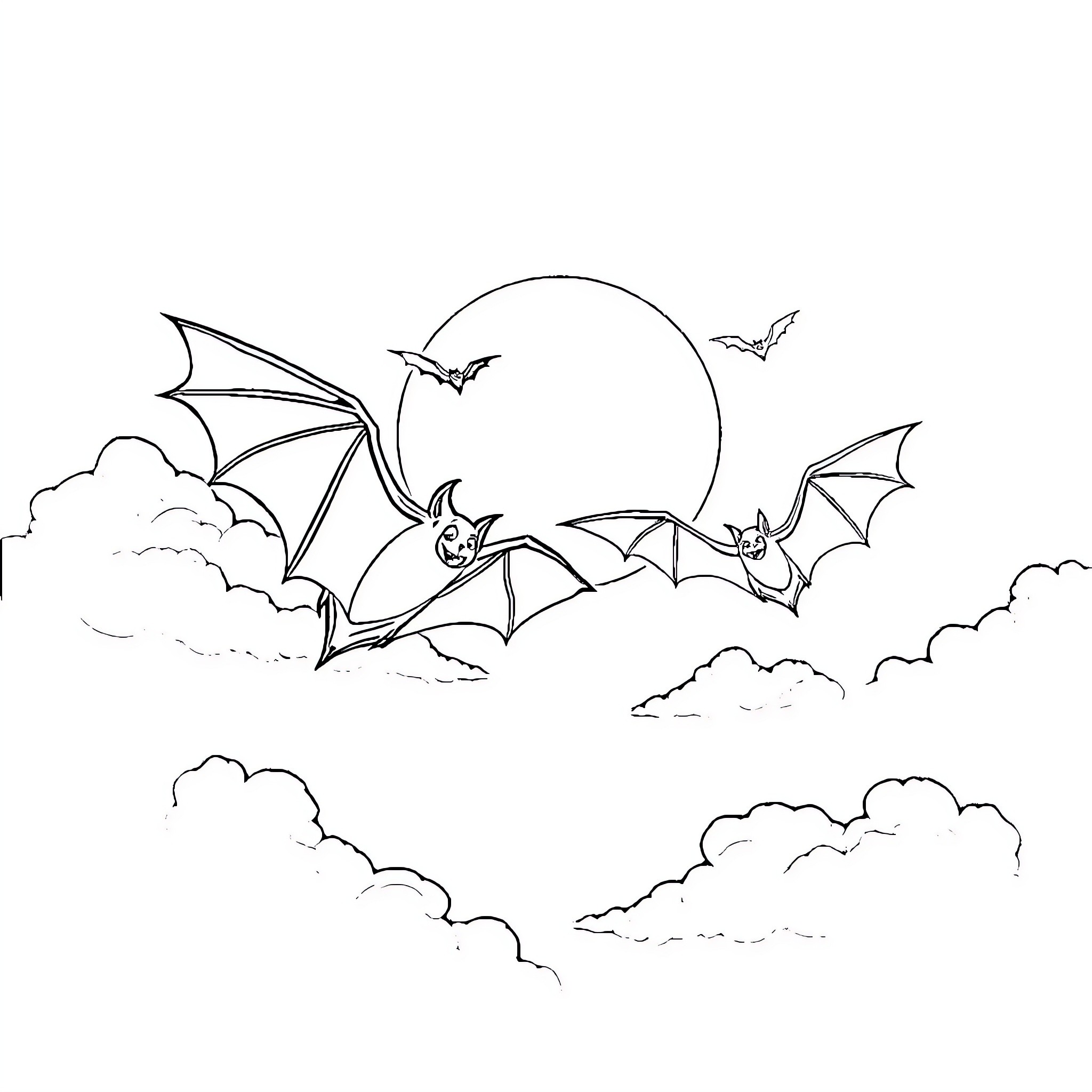 Bats flying in the night sky Coloring Page (free black-and-white line drawing printable PDF for all, from beginners to advanced learners, including children, teens, adults, and seniors)