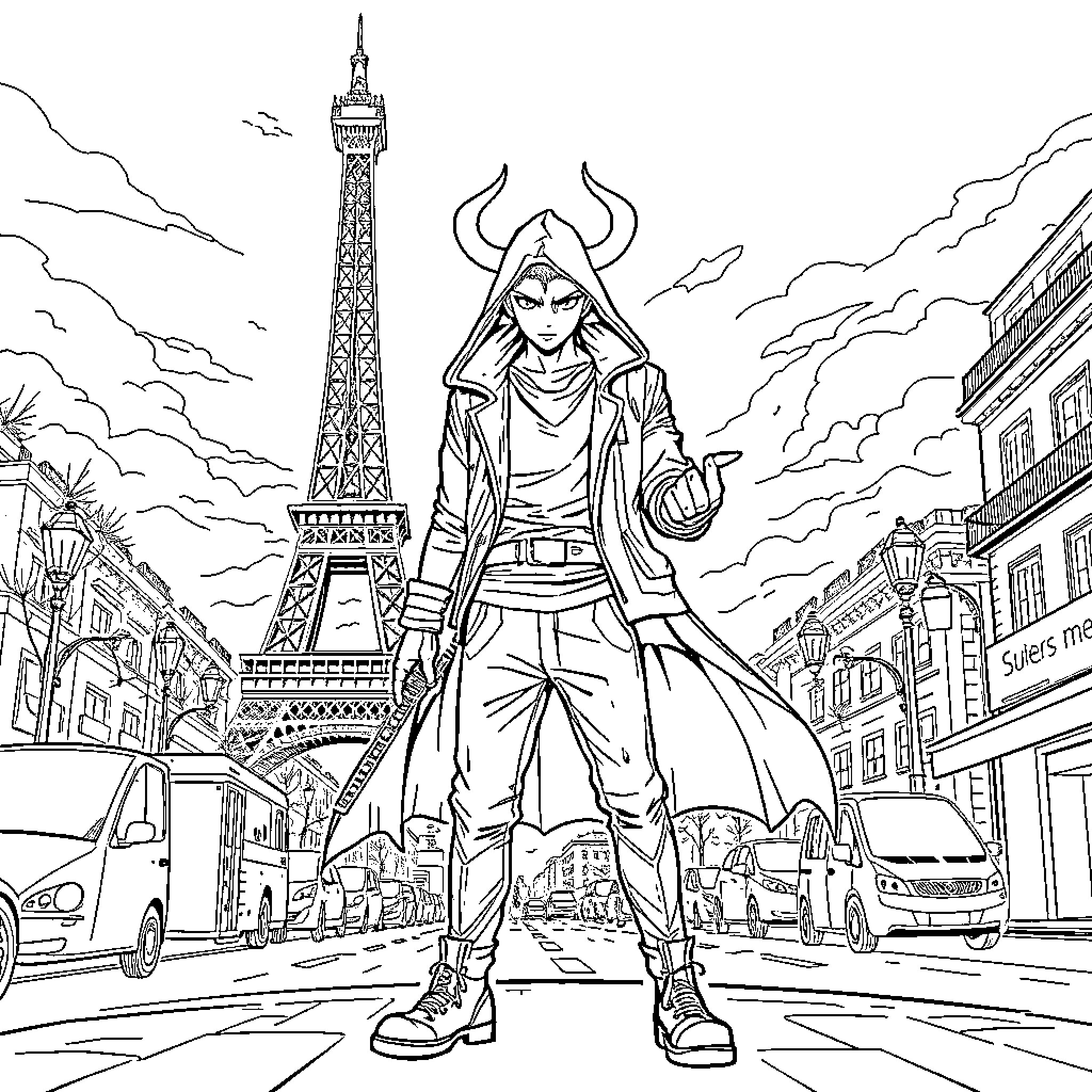 Demon Hunter Stands Vigilant in Parisian Streets Coloring Page (free black-and-white line drawing printable PDF for all, from beginners to advanced learners, including children, teens, adults, and seniors)