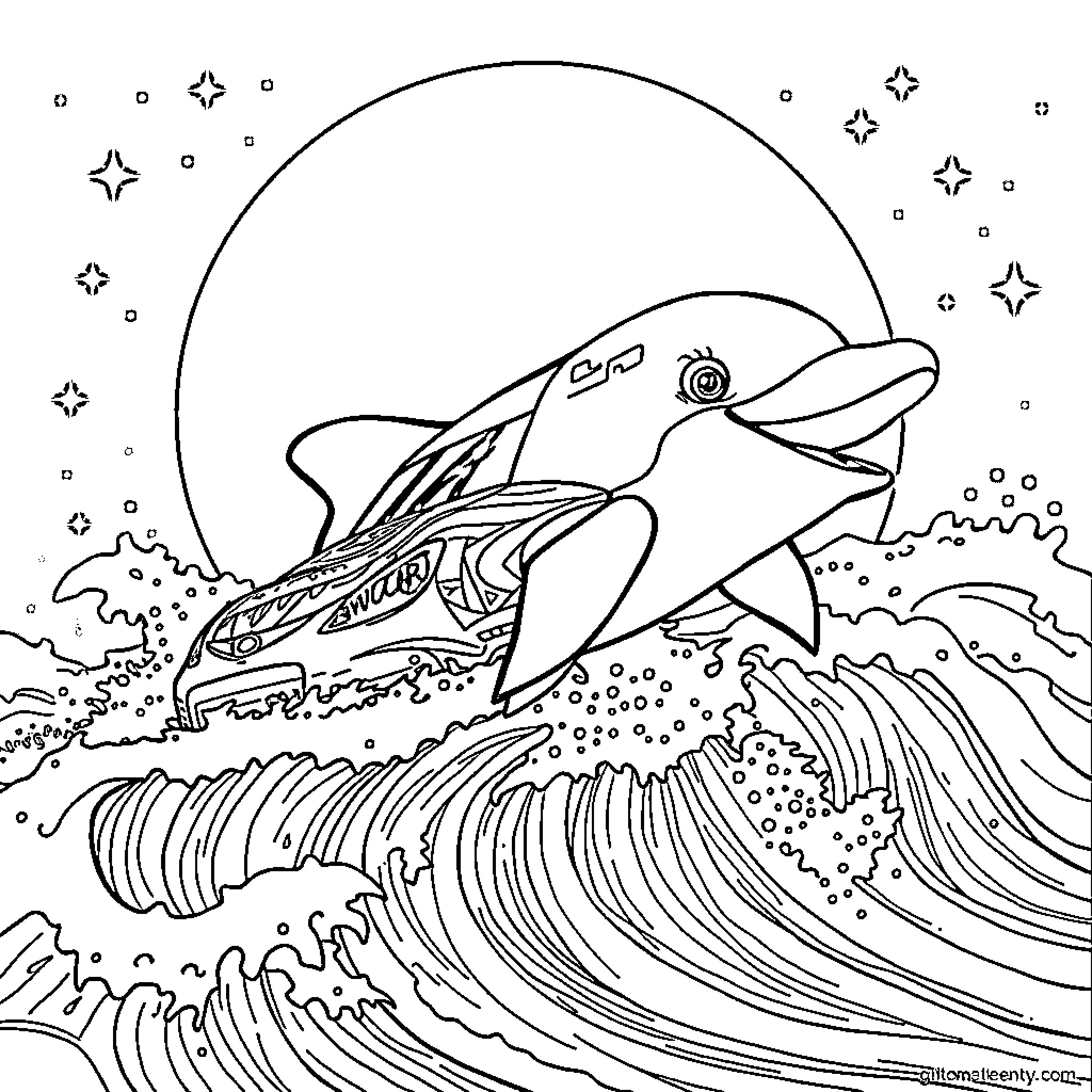 Nascar Racing Dolphins Jumping Through Waves Coloring Page (free black-and-white line drawing printable PDF for all, from beginners to advanced learners, including children, teens, adults, and seniors)