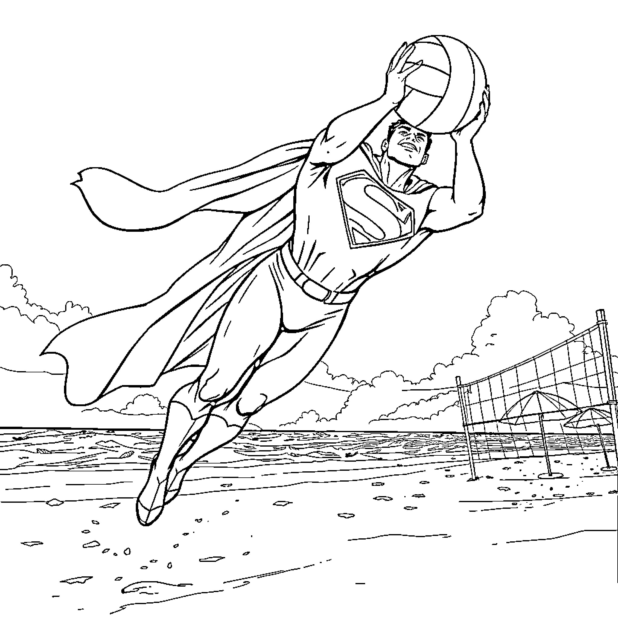 Superman soaring heroically over the city Coloring Page (free black-and-white line drawing printable PDF for all, from beginners to advanced learners, including children, teens, adults, and seniors)