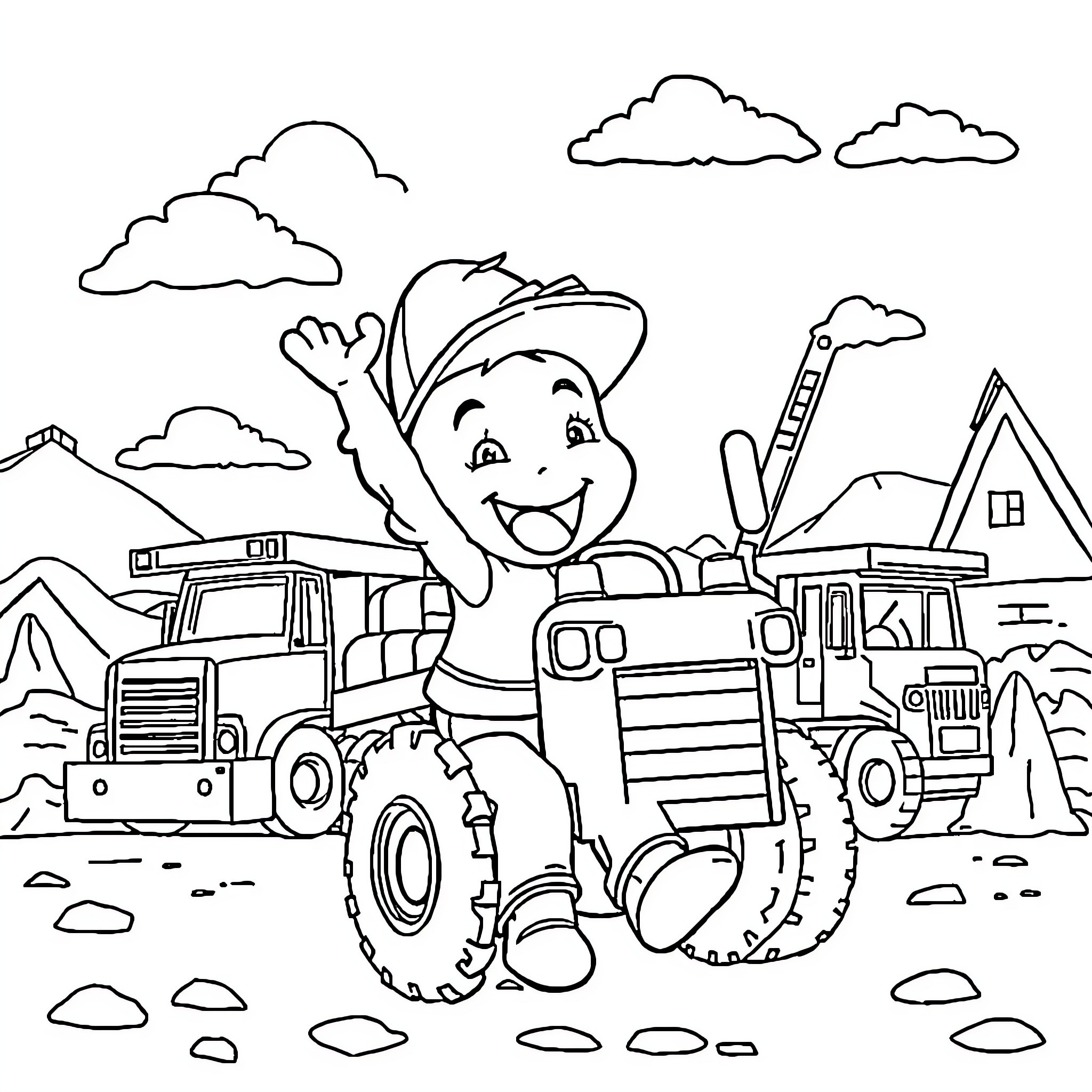 Child playing happily with construction vehicles Coloring Page (free black-and-white line drawing printable PDF for all, from beginners to advanced learners, including children, teens, adults, and seniors)