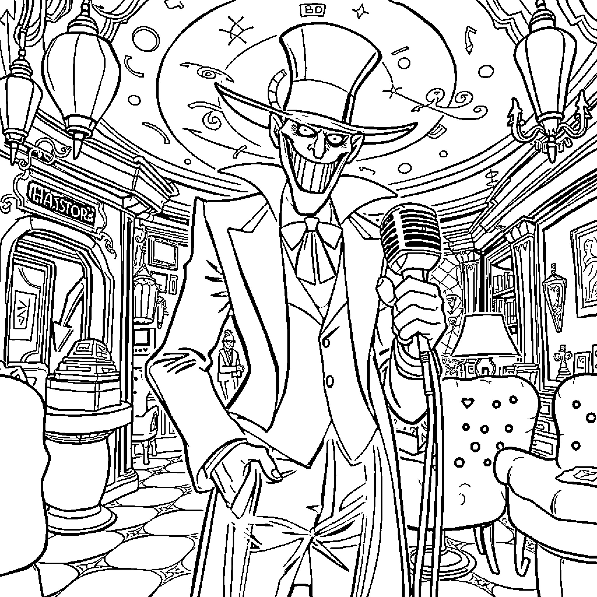 Alastor performs on a dark, whimsical stage Coloring Page (free black-and-white line drawing printable PDF for all, from beginners to advanced learners, including children, teens, adults, and seniors)