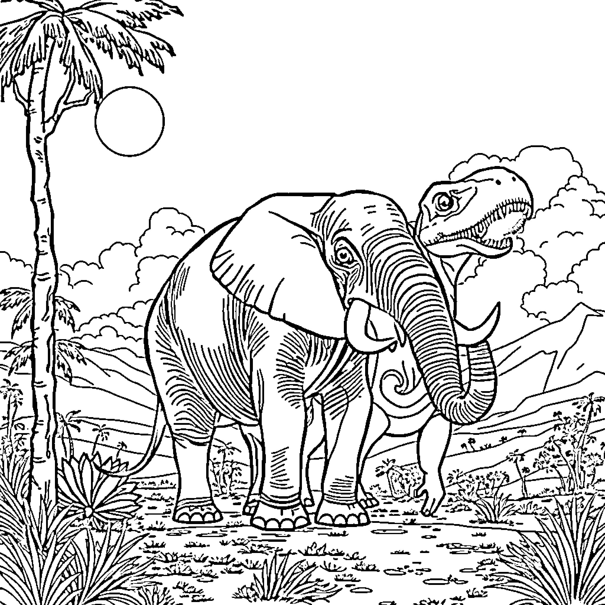 Elephant in the Tropical Landscape Coloring Page (free black-and-white line drawing printable PDF for all, from beginners to advanced learners, including children, teens, adults, and seniors)