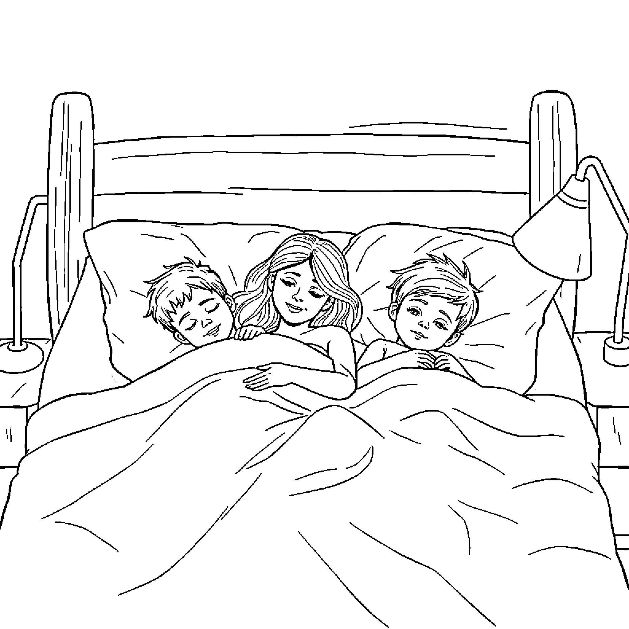 Mama snuggles with children in cozy bed Coloring Page (free black-and-white line drawing printable PDF for all, from beginners to advanced learners, including children, teens, adults, and seniors)