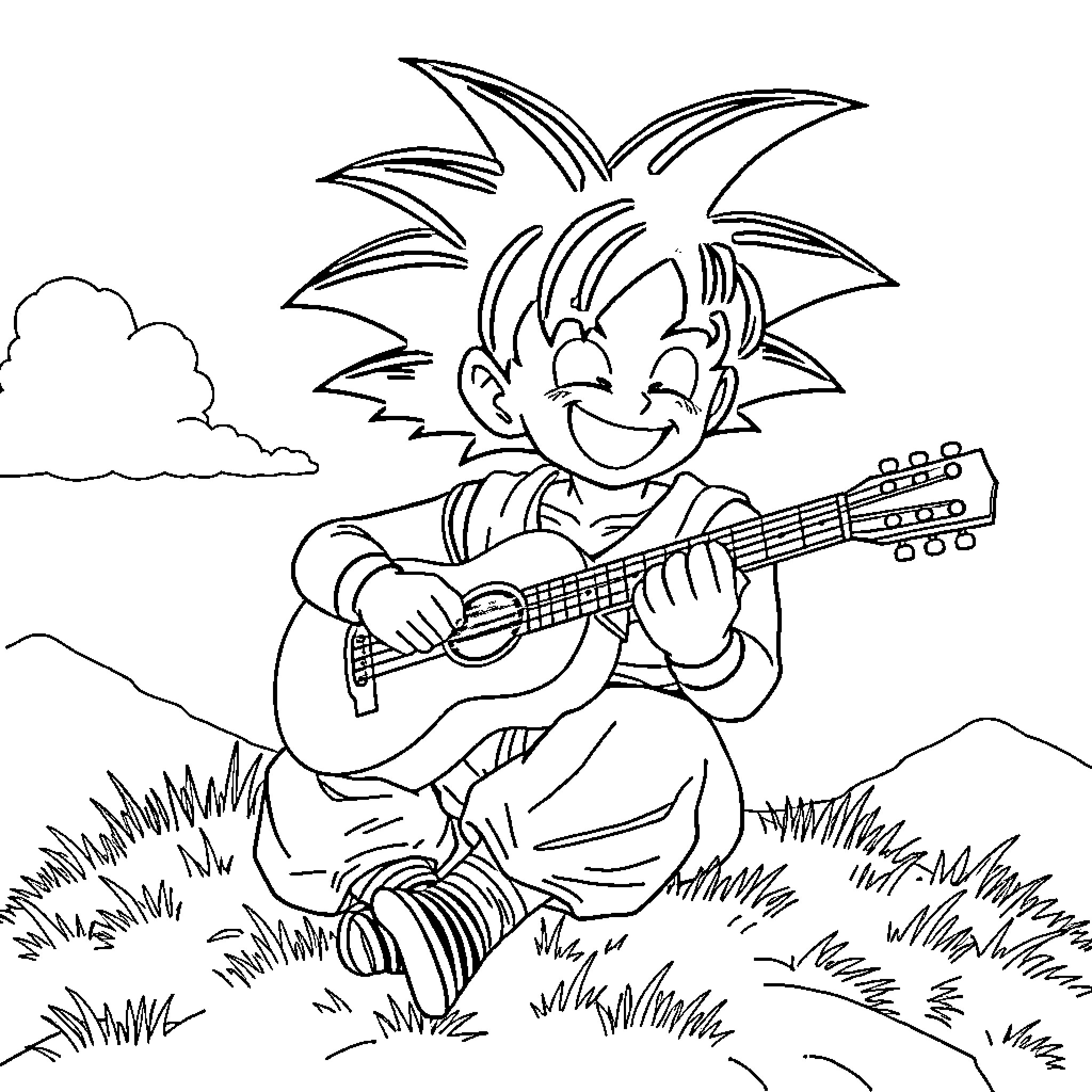 Son Goku playing guitar in the countryside Coloring Page (free black-and-white line drawing printable PDF for all, from beginners to advanced learners, including children, teens, adults, and seniors)