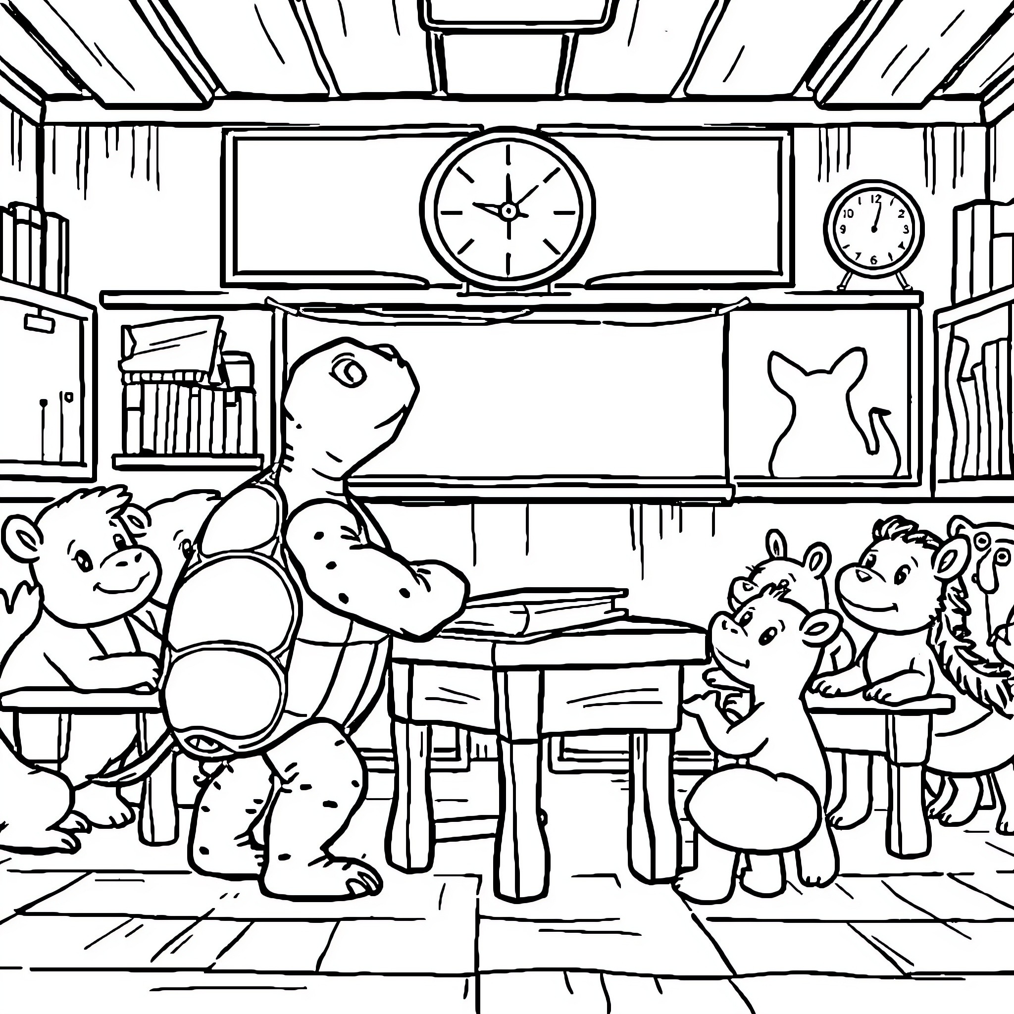 Turtle family enjoying activities in classroom Coloring Page (free black-and-white line drawing printable PDF for all, from beginners to advanced learners, including children, teens, adults, and seniors)