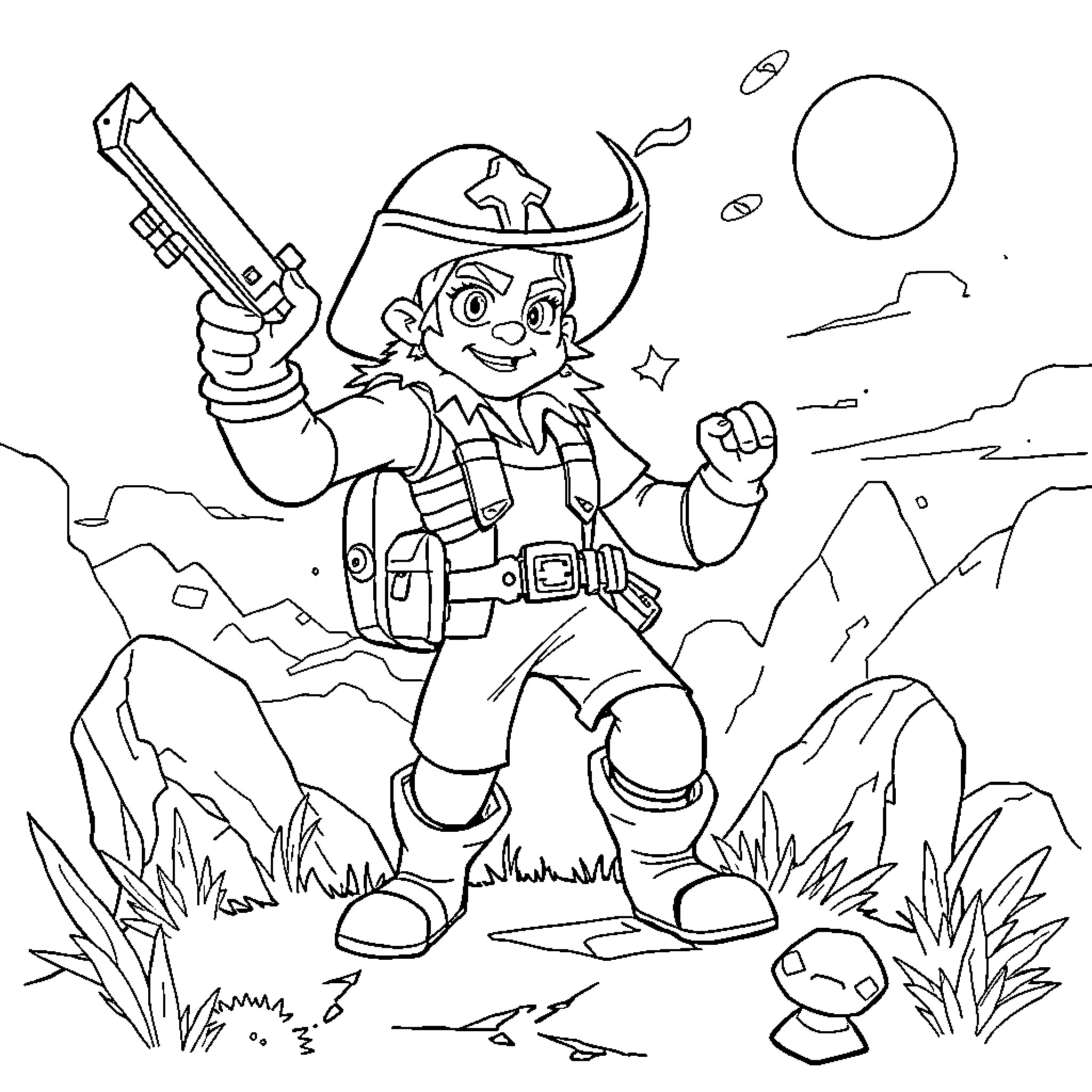 Huntrix Adventuring in the Wilderness Coloring Page (free black-and-white line drawing printable PDF for all, from beginners to advanced learners, including children, teens, adults, and seniors)