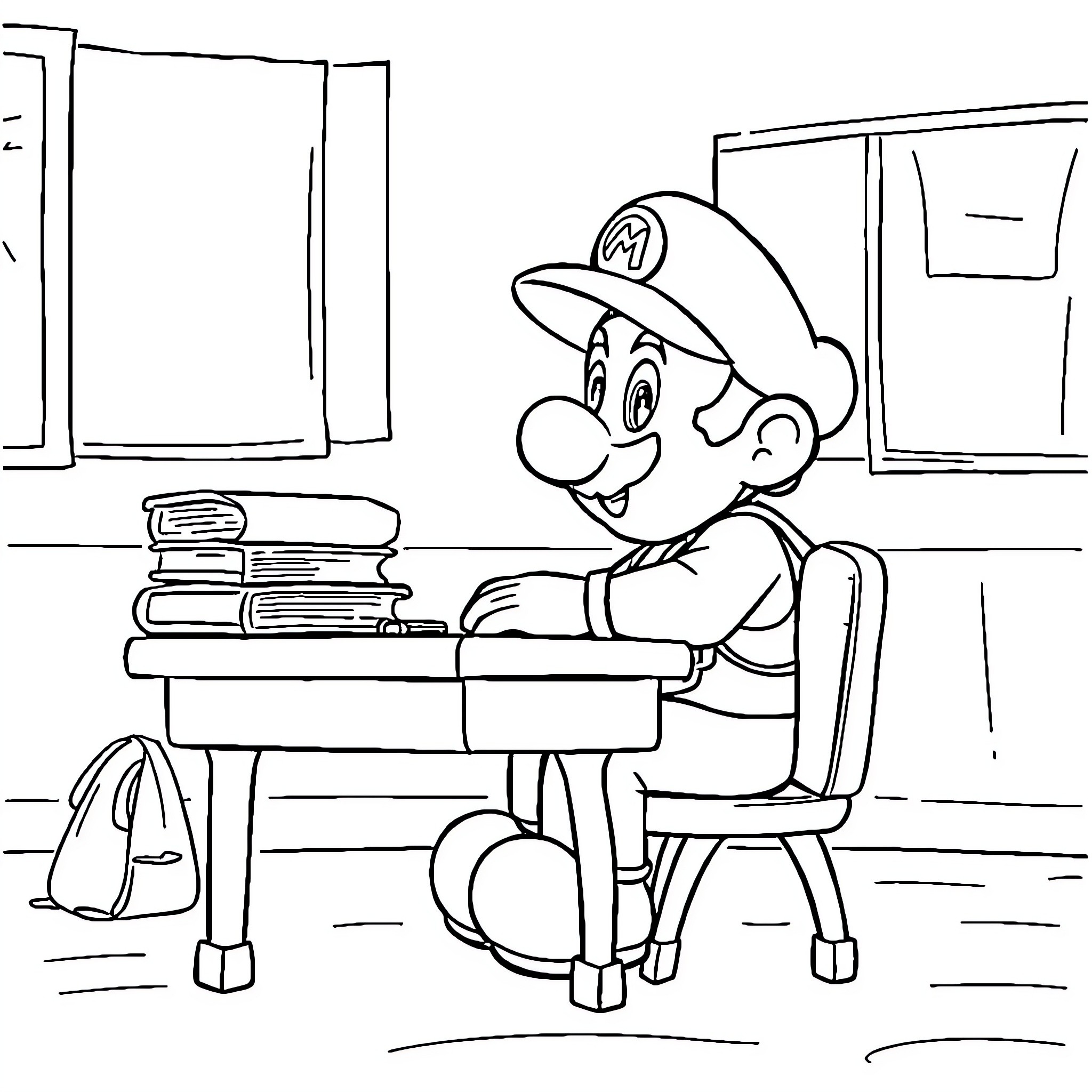 Mario studying diligently in his room Coloring Page (free black-and-white line drawing printable PDF for all, from beginners to advanced learners, including children, teens, adults, and seniors)