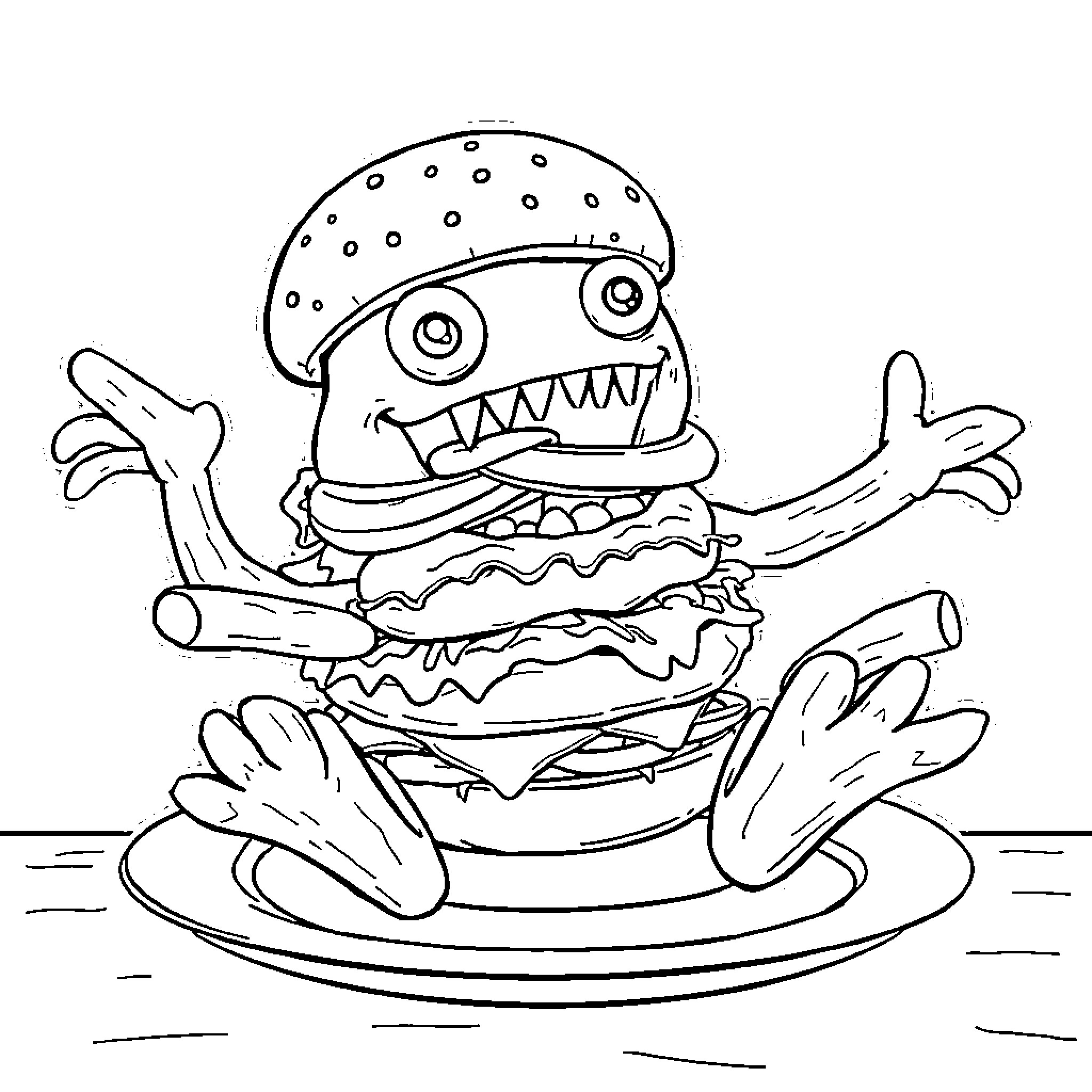 Burger monster with crazy expression and hands Coloring Page (free black-and-white line drawing printable PDF for all, from beginners to advanced learners, including children, teens, adults, and seniors)