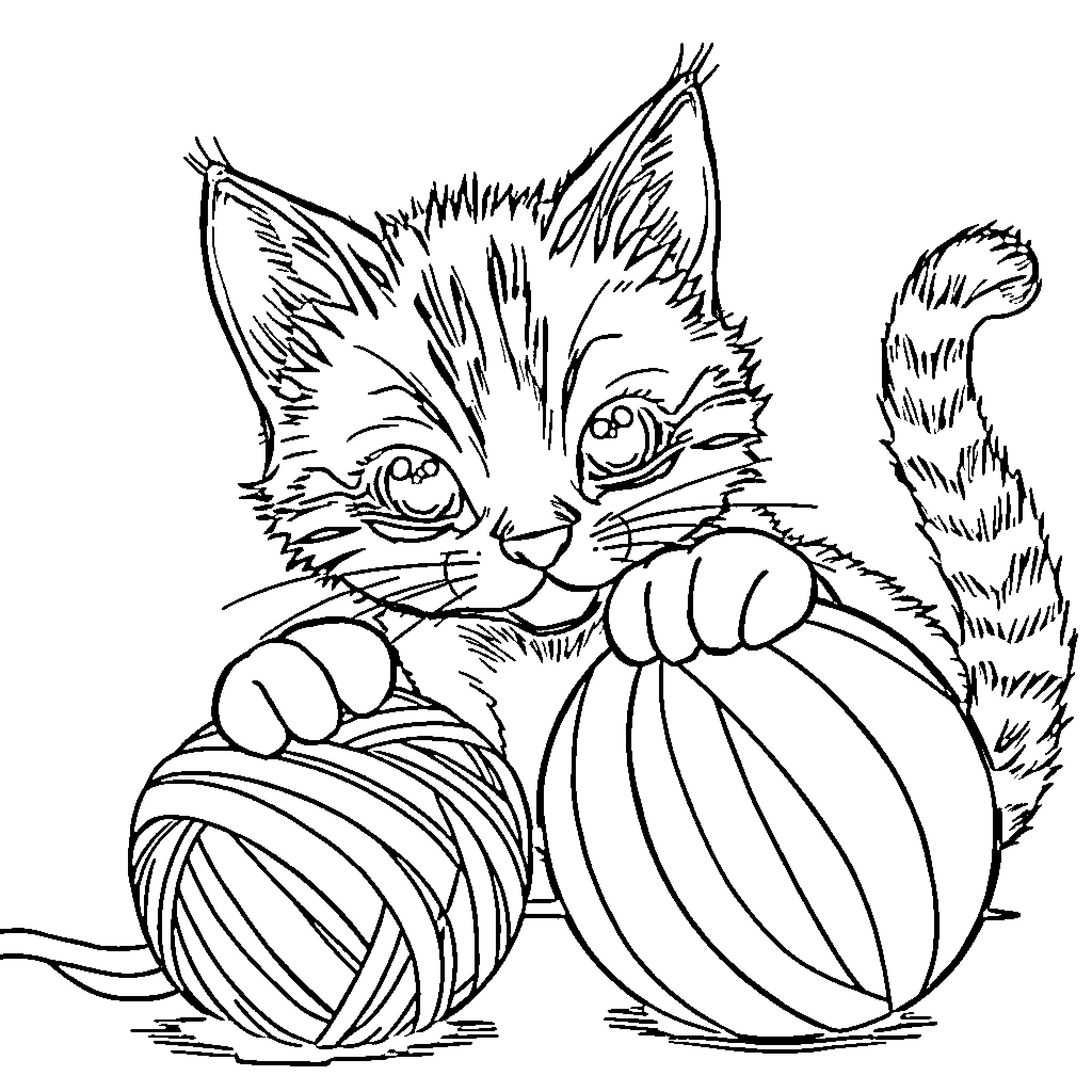 Cat playing with a ball of yarn Coloring Page (free black-and-white line drawing printable PDF for all, from beginners to advanced learners, including children, teens, adults, and seniors)