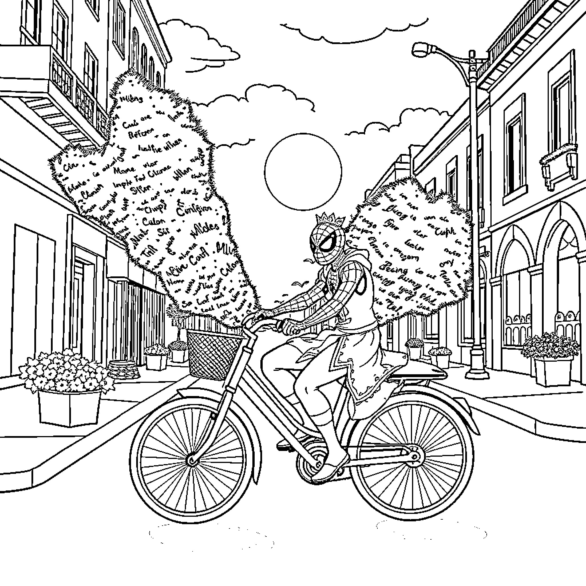 Spiderman riding a bicycle through a city street Coloring Page (free black-and-white line drawing printable PDF for all, from beginners to advanced learners, including children, teens, adults, and seniors)