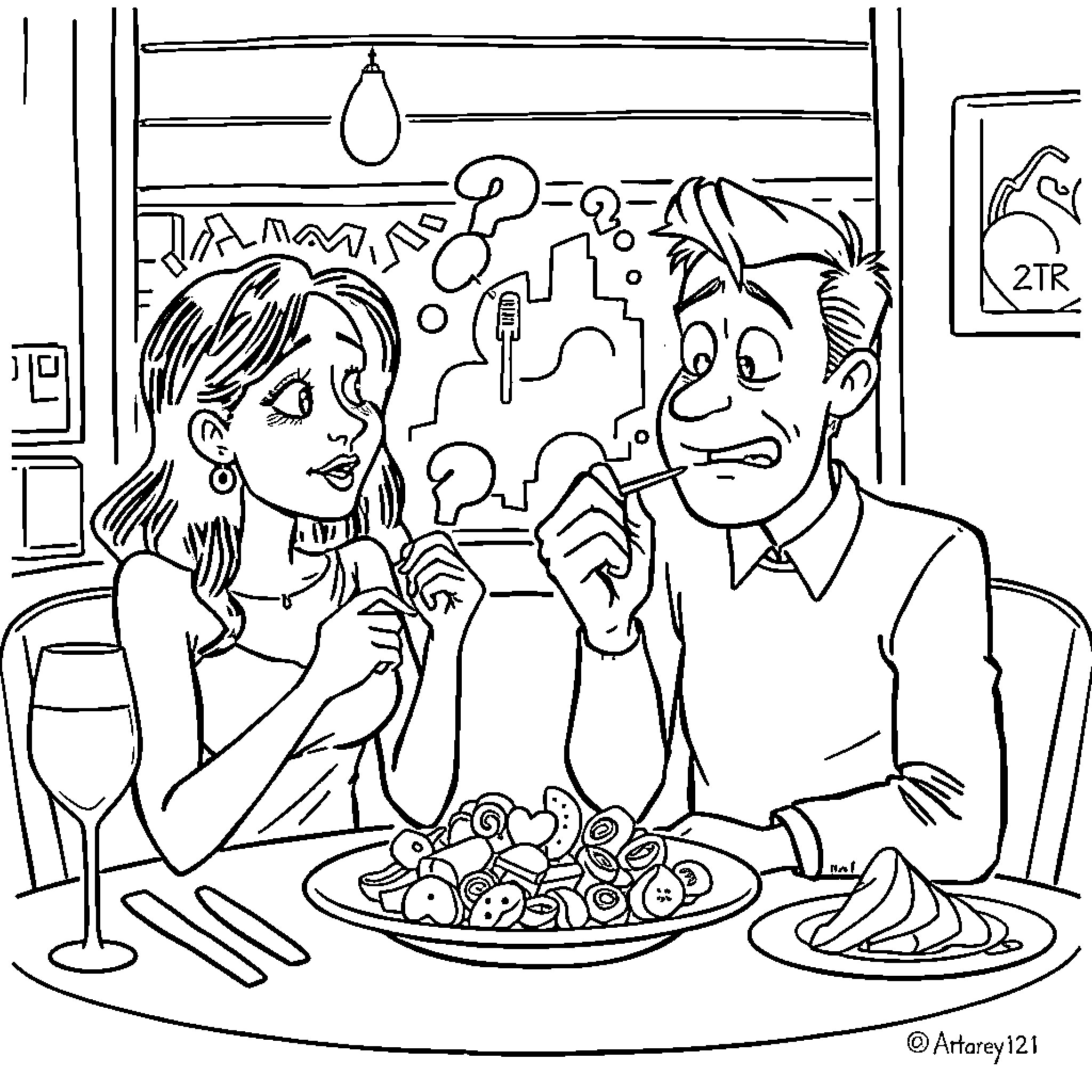 Brainrot: Couple's Confused Conversation Over Dinner Coloring Page (free black-and-white line drawing printable PDF for all, from beginners to advanced learners, including children, teens, adults, and seniors)