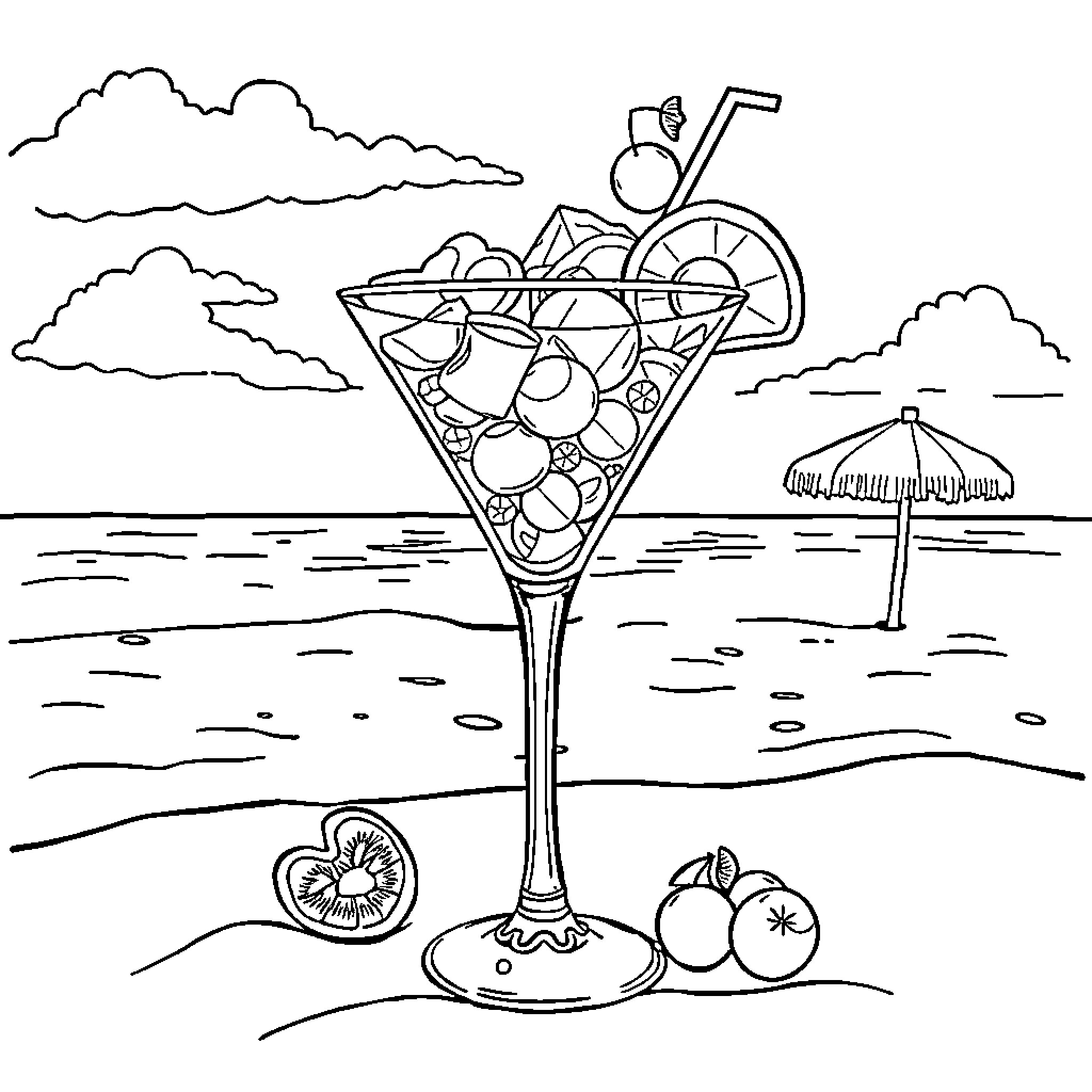 Martini on the Beach with Umbrella and Fruit Coloring Page (free black-and-white line drawing printable PDF for all, from beginners to advanced learners, including children, teens, adults, and seniors)