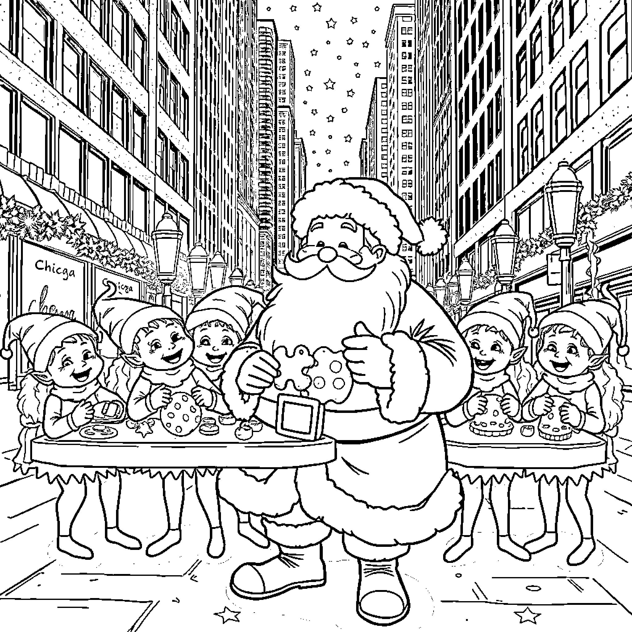 Santa celebrating with children in the city Coloring Page (free black-and-white line drawing printable PDF for all, from beginners to advanced learners, including children, teens, adults, and seniors)