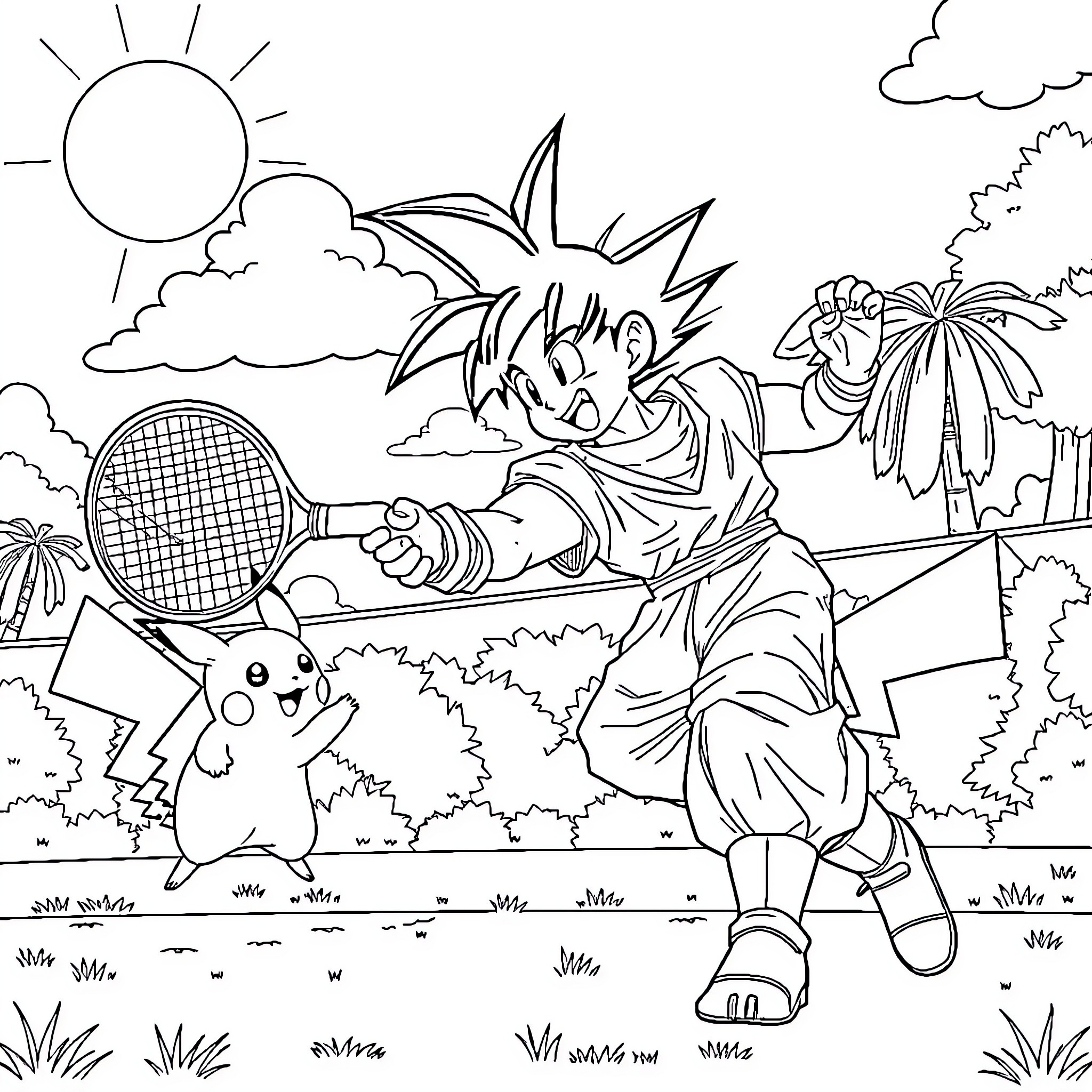 Goku playing tennis with Pikachu in a tropical setting Coloring Page (free black-and-white line drawing printable PDF for all, from beginners to advanced learners, including children, teens, adults, and seniors)