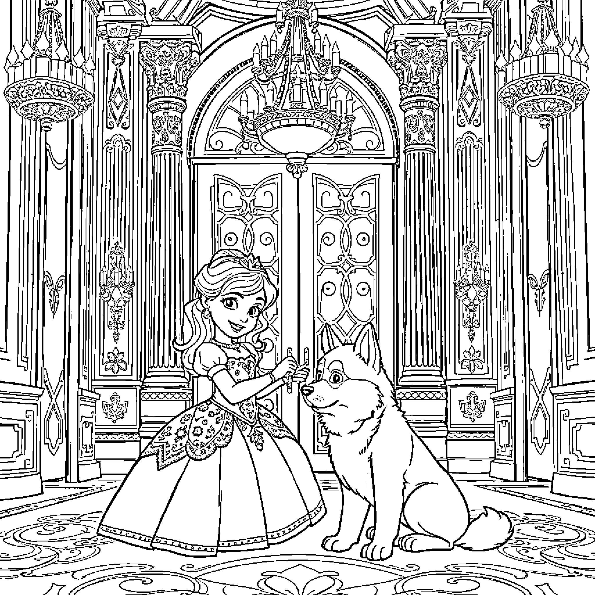 Princess interacting with her loyal companion in a grand palace Coloring Page (free black-and-white line drawing printable PDF for all, from beginners to advanced learners, including children, teens, adults, and seniors)
