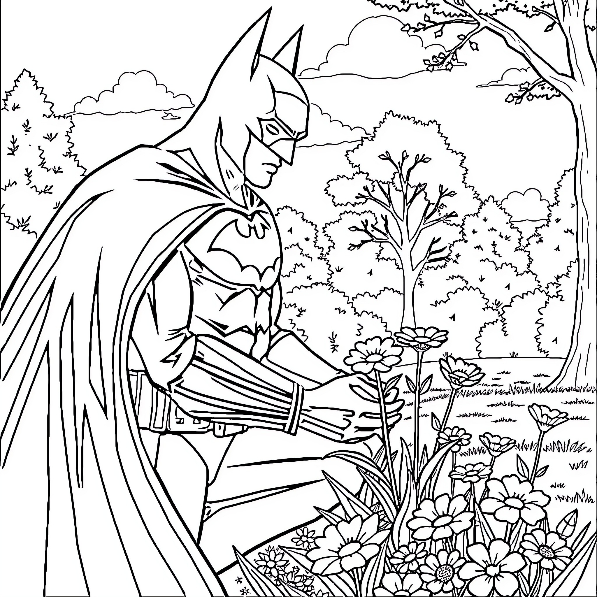 Batman surveying a lush garden landscape Coloring Page (free black-and-white line drawing printable PDF for all, from beginners to advanced learners, including children, teens, adults, and seniors)
