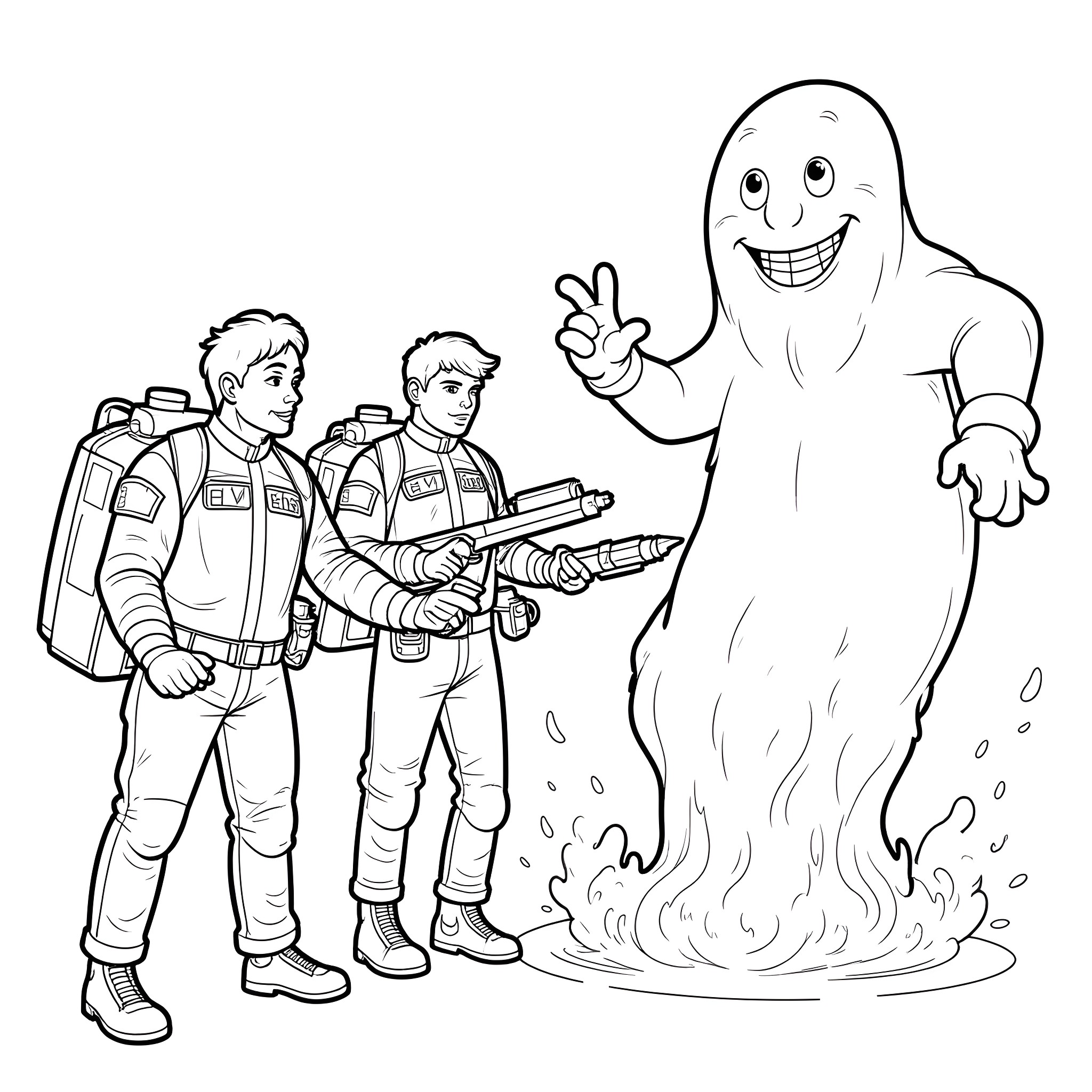 Ghost Playfully Interacting with Ghostbusters Coloring Page (free black-and-white line drawing printable PDF for all, from beginners to advanced learners, including children, teens, adults, and seniors)
