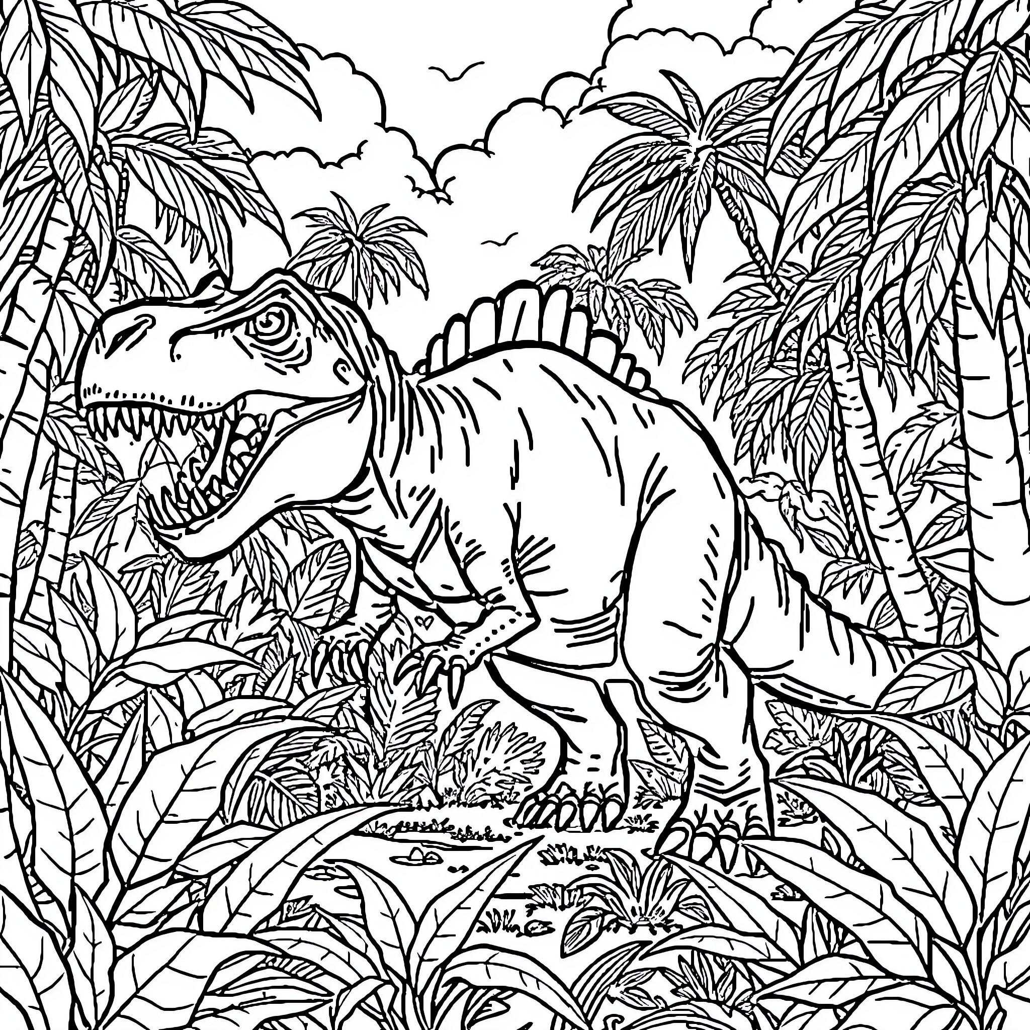 Dinosaur roaming in the lush tropical jungle Coloring Page (free black-and-white line drawing printable PDF for all, from beginners to advanced learners, including children, teens, adults, and seniors)